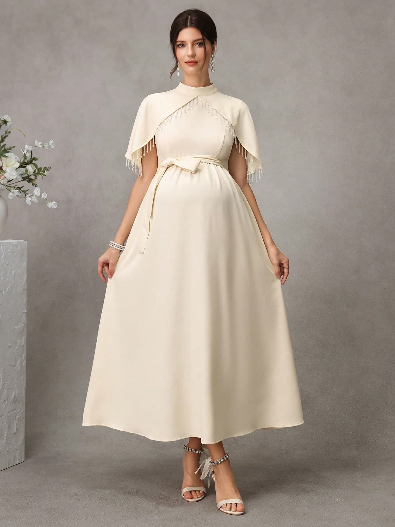 Momance Pregnant Women's Elegant Summer Maternity Dress,Solid Color Stand Collar Tassel Decor Wedding Reception Gown For Bride Baby Shower Christening Dress