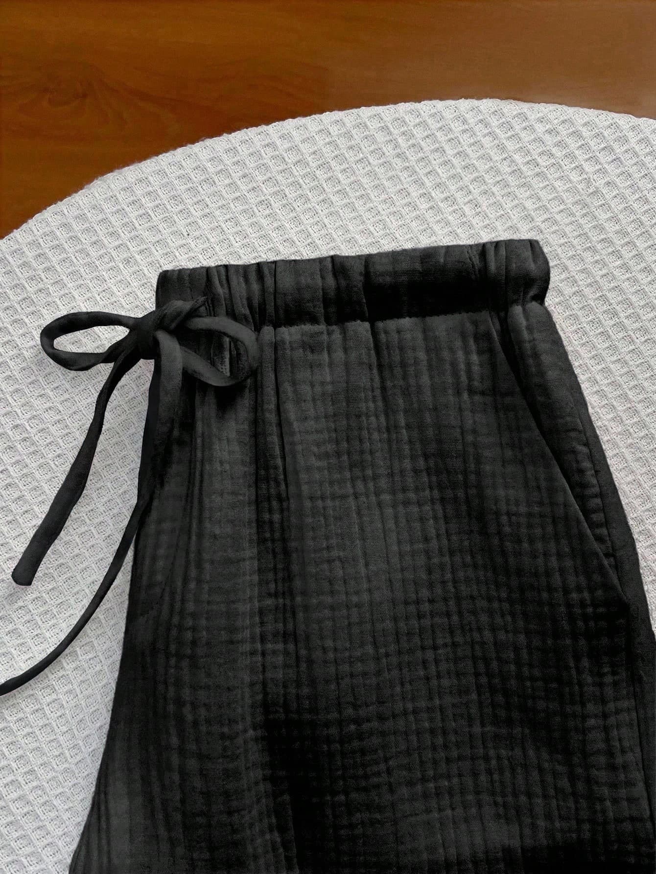 Flirla Black Plain Wide Leg Extra Long Woven Fabric Pants For Women With Drawstring Detail