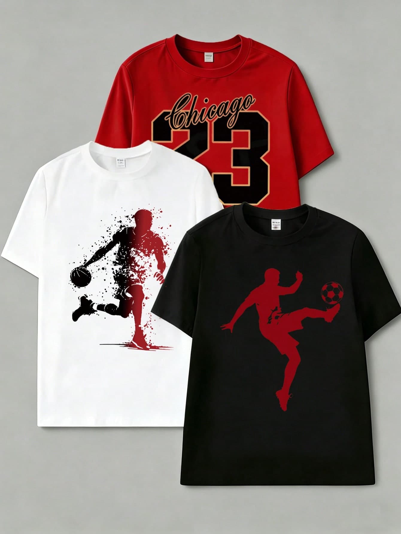 Vacaura 3pcs/Set Teenage Boys' Basketball & 23 Print Outdoor Sports Casual Round Neck Short Sleeve T-Shirts