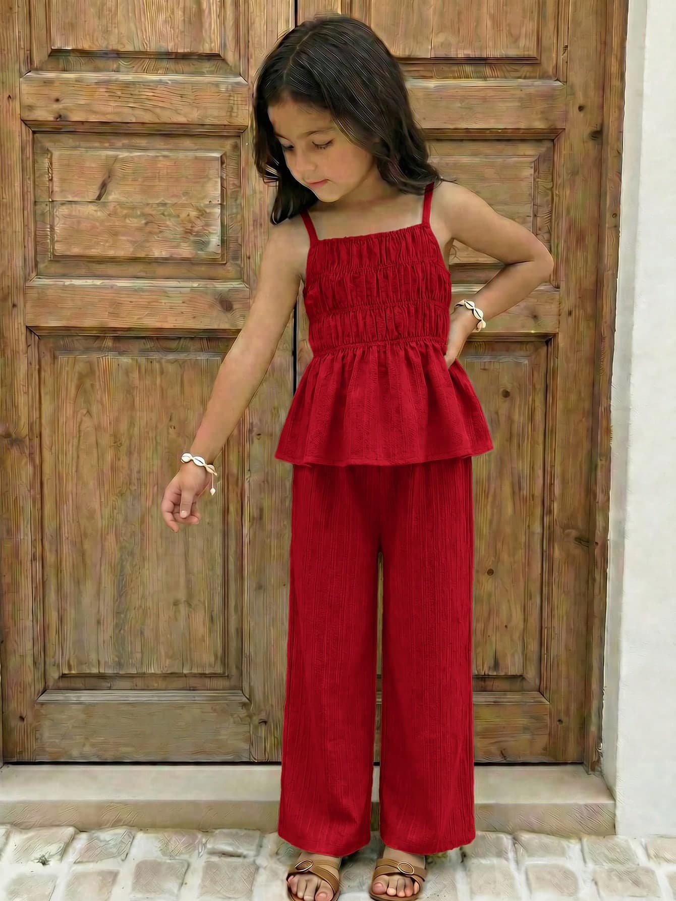 2pcs Young Girl Navy Blue Camisole Top And Loose Casual Pants Set, Suitable For Daily Outings, School, Beach Vacation