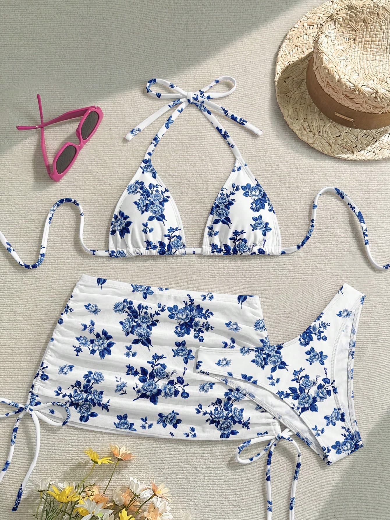 Soleia Casual Minimalist Blue Floral All-Over Print Women Swimwear Set, Suitable For Spring/Summer Vacation