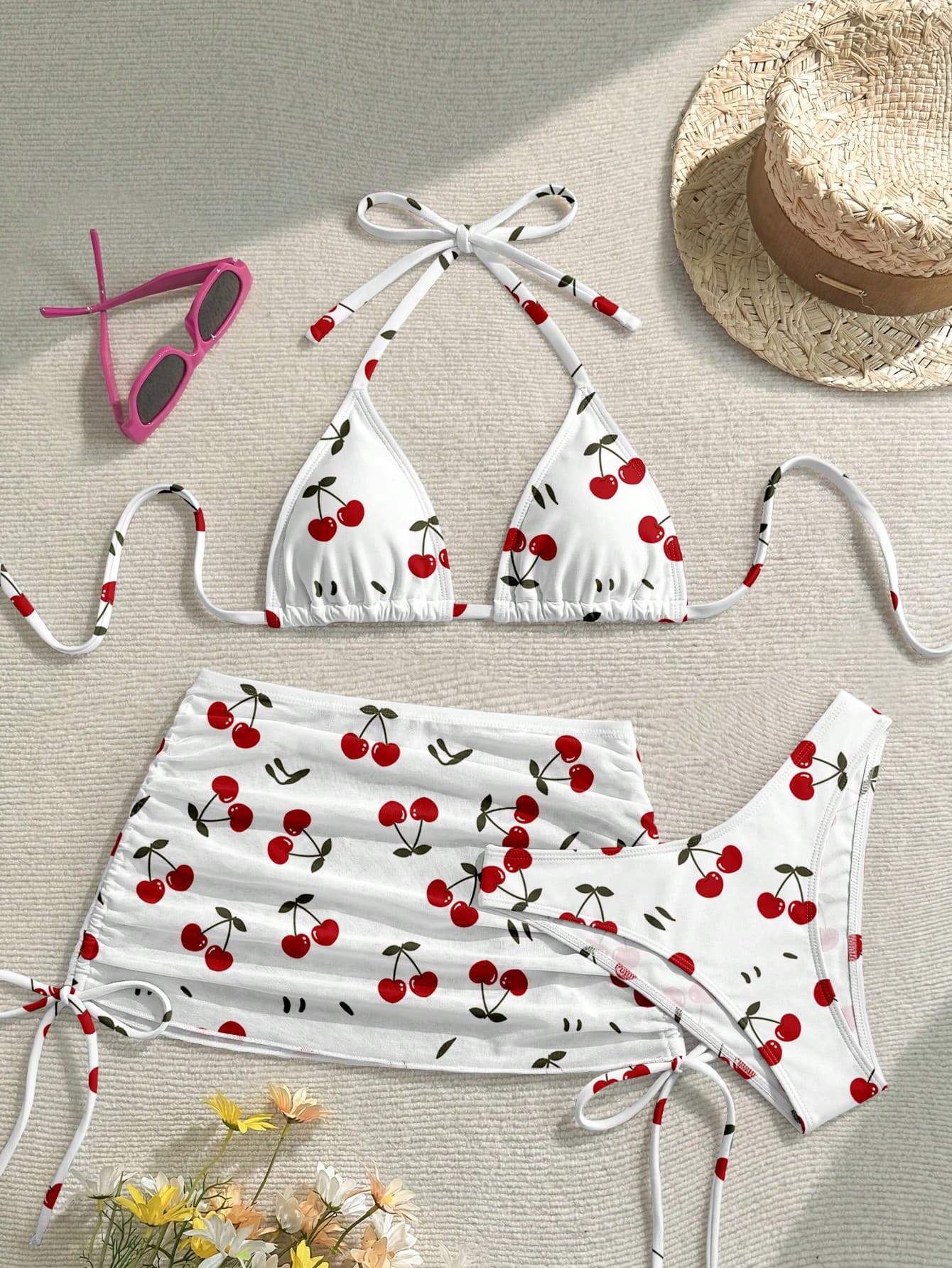 Soleia Casual Minimalist Cute Cherry Print Pattern Women's Swimwear Set, Suitable For Spring And Summer
