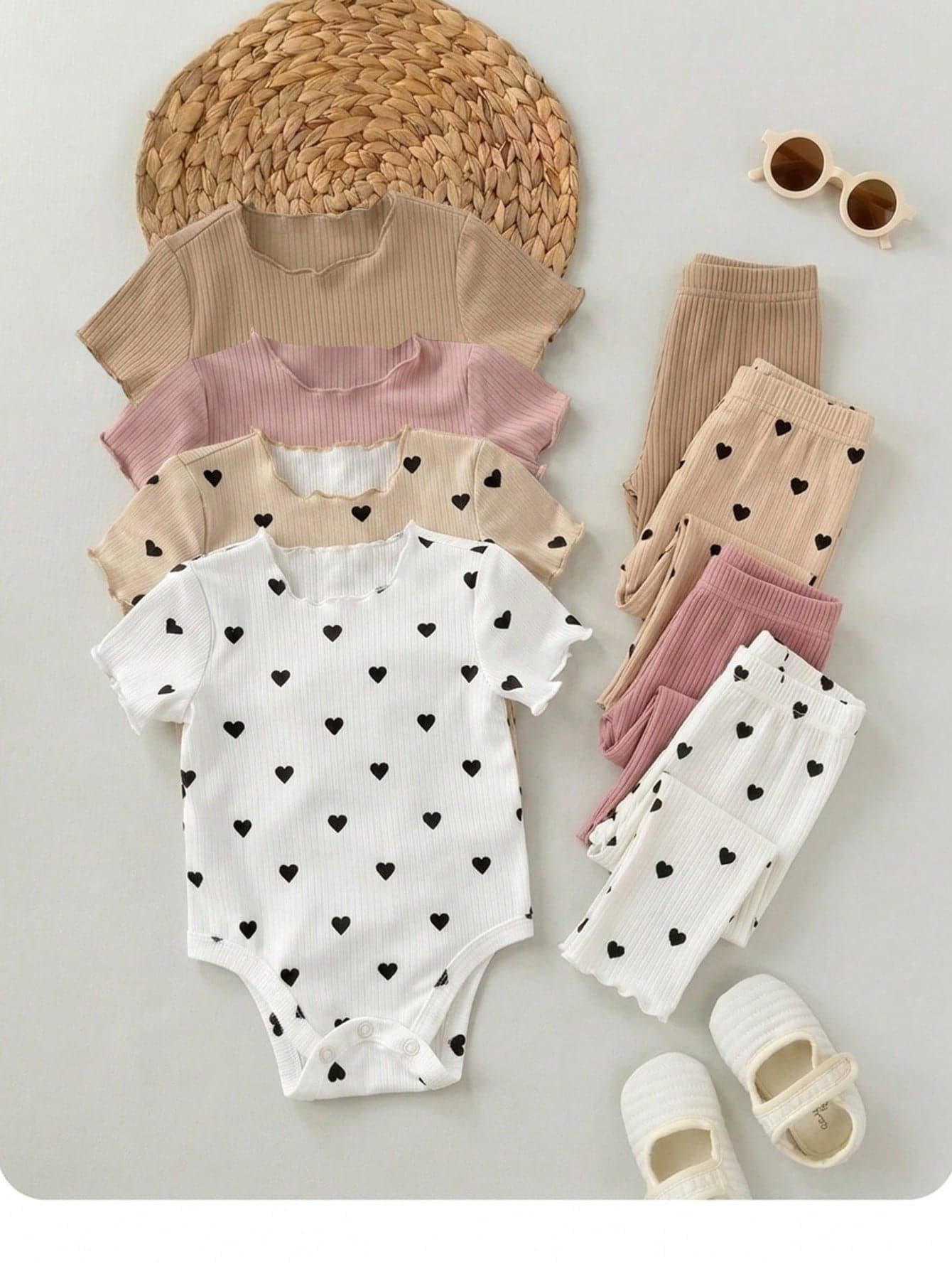 SHEIN 4pcs Newborn Baby Girl Cute Knitted Rabbit & Ditsy Floral Short Sleeve Bodysuit Set, Summer Graphic