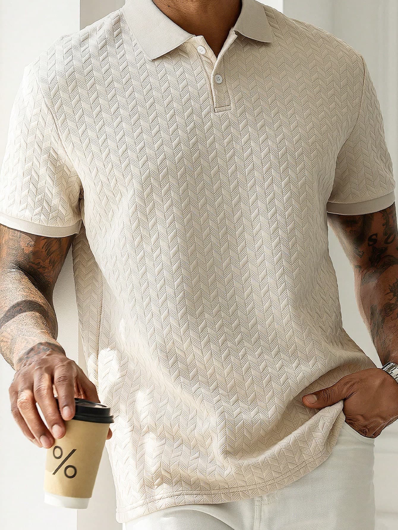 HUEFORM Men's Beige Geometric Diamond-Textured Jacquard Knit Short-Sleeve Polo Shirt,Summer Casual Polo For Men,Prom Vacation Beach Style,Apricot Khaki Tops
