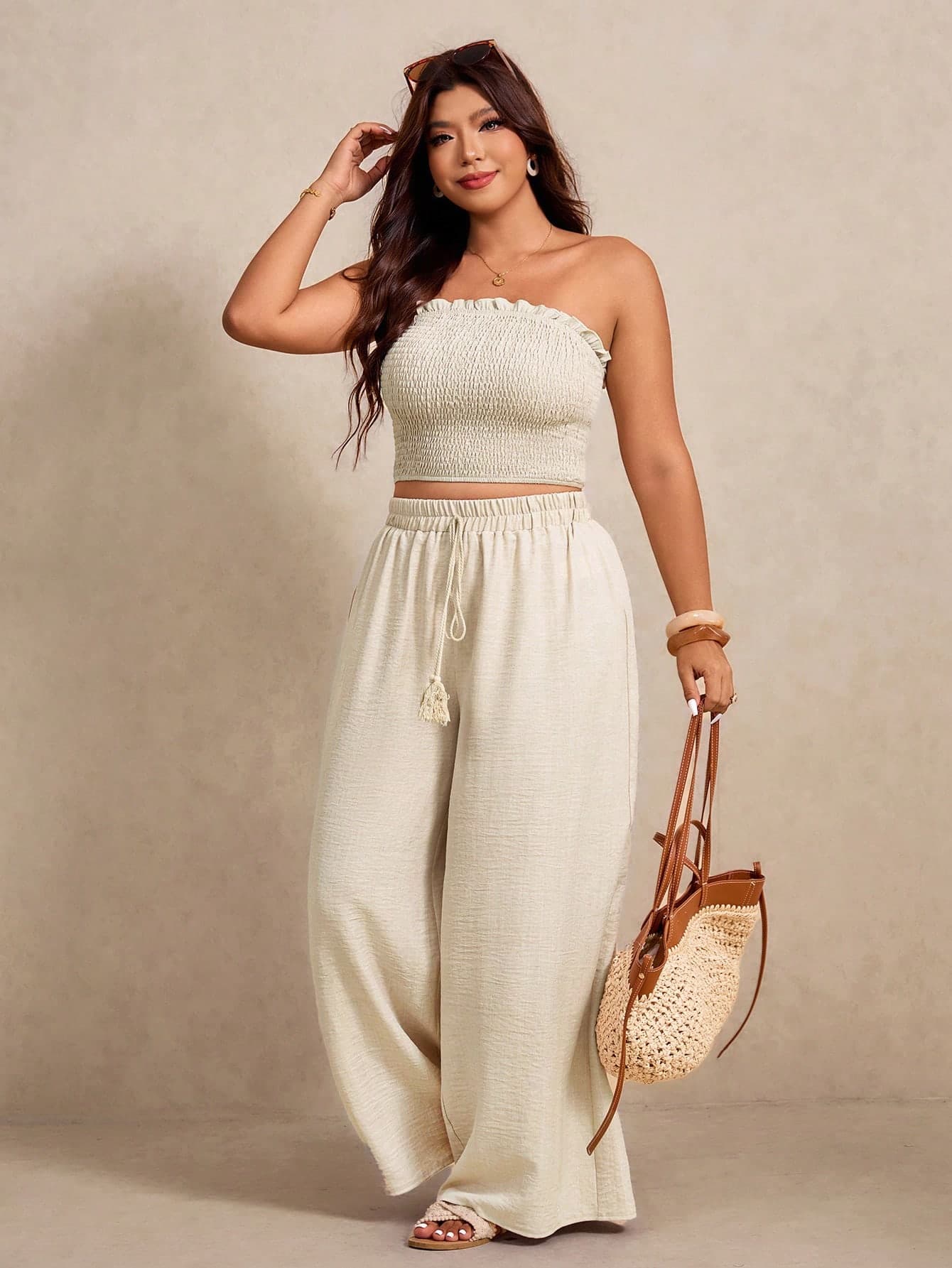 Elaquor Plus Size Women Beige Pleated Bandeau Top And Wide Leg Pants 2 Pieces Set,Summer Boho Beach Holiday Vacation Cruise Brunch Outfits Casual Daily Wear