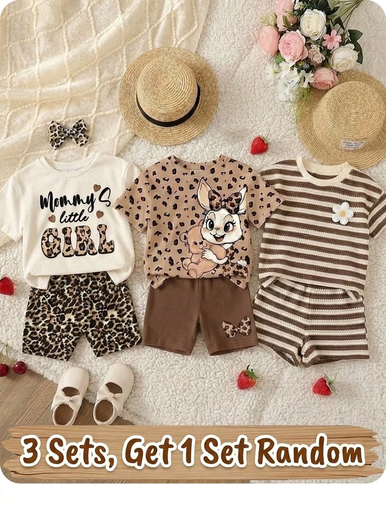 SHEIN Happikins Mama's Little Girl Baby Girl's Vintage Leopard Print T-Shirt And Skinny Shorts Set,Cream White Brown Summer Casual Vacation Loose Shorts