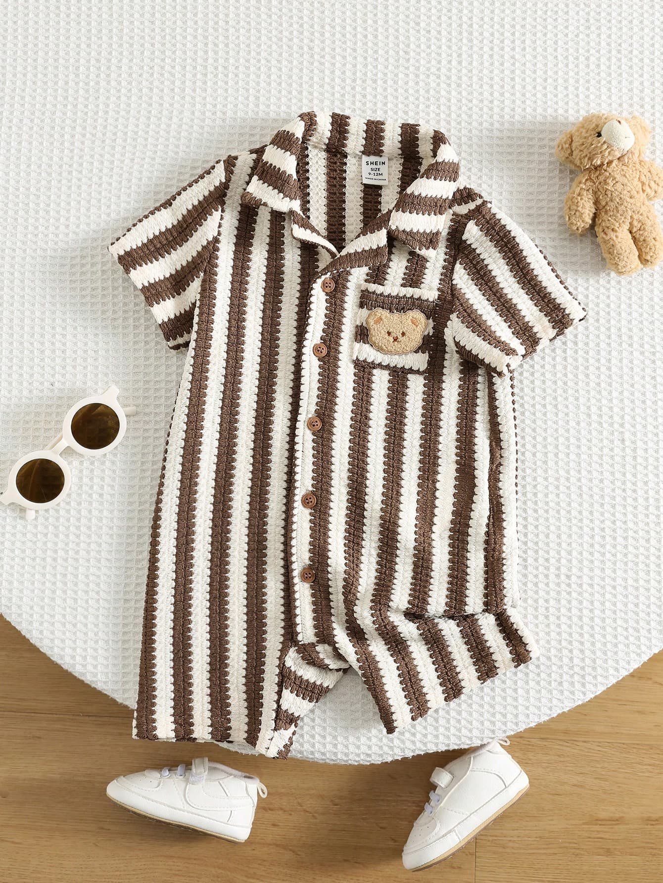 SHEIN Newborn Baby Boy Cute Summer Casual Knit Striped Cartoon Bear Print Short Sleeve Romper