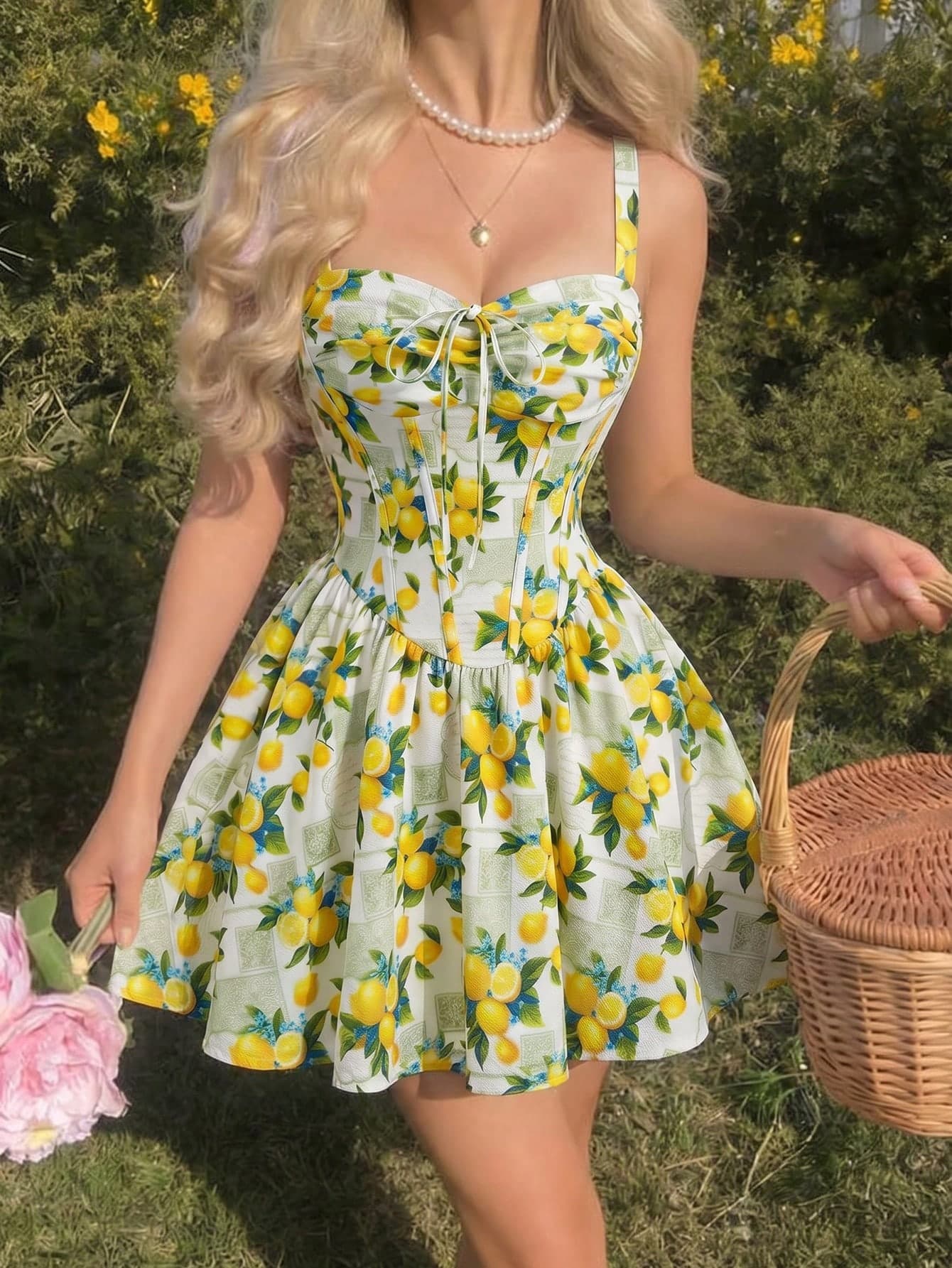 Skyraze Lemon Print Ruched Bust Cup Bow Tie Flared Dress,Women's Summer Modest White Holiday Vacation Holiday Bohemian Cottage Core Vintage Birthday Outfit