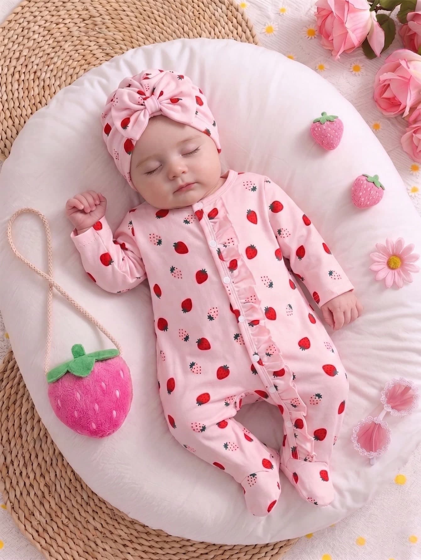 SHEIN Newborn Bow Print Cute Baby Romper With Hat, Autumn/Winter