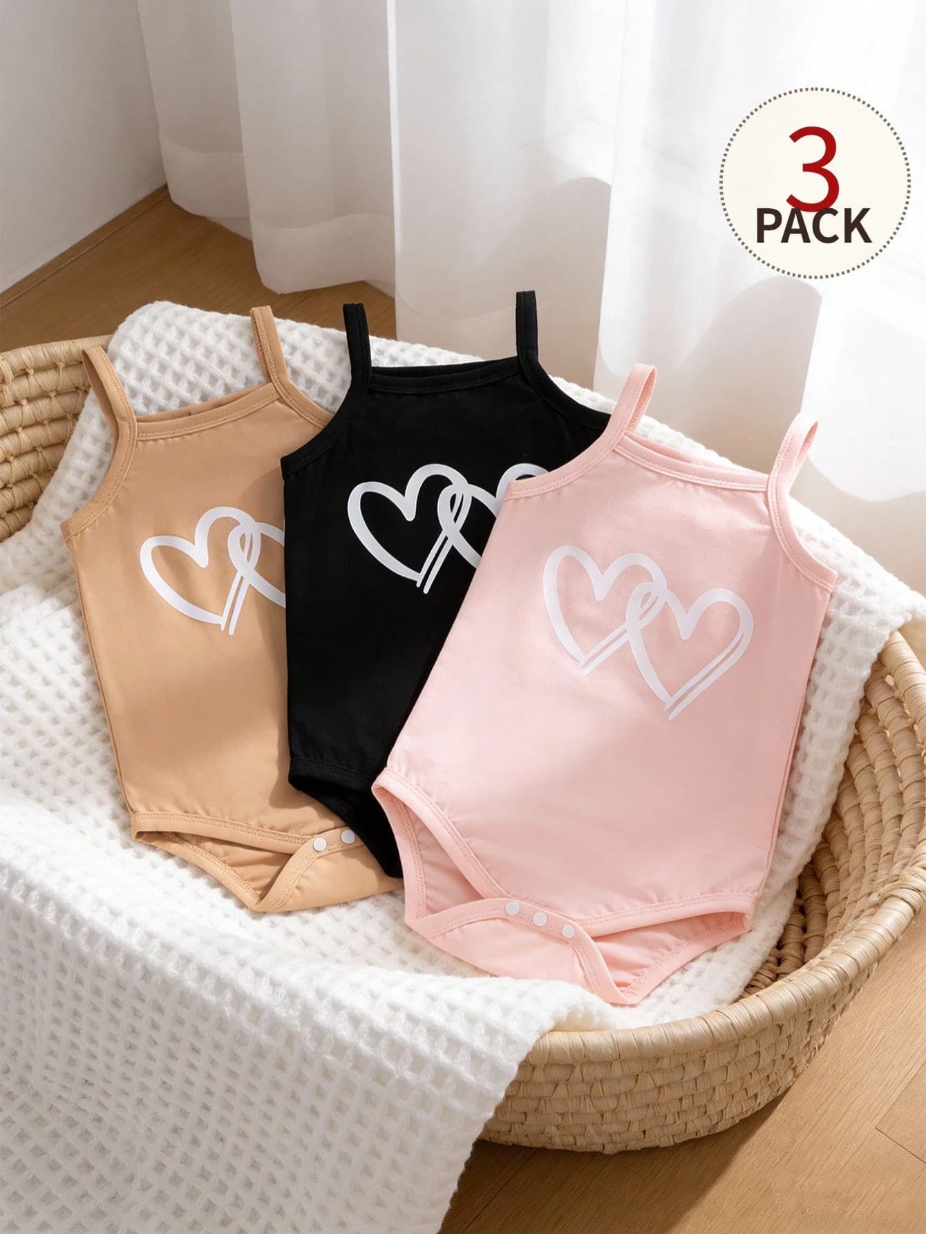 SHEIN 3pcs/Set Baby Girls' Casual Cute Colorful Strap Romper Outfit, Summer
