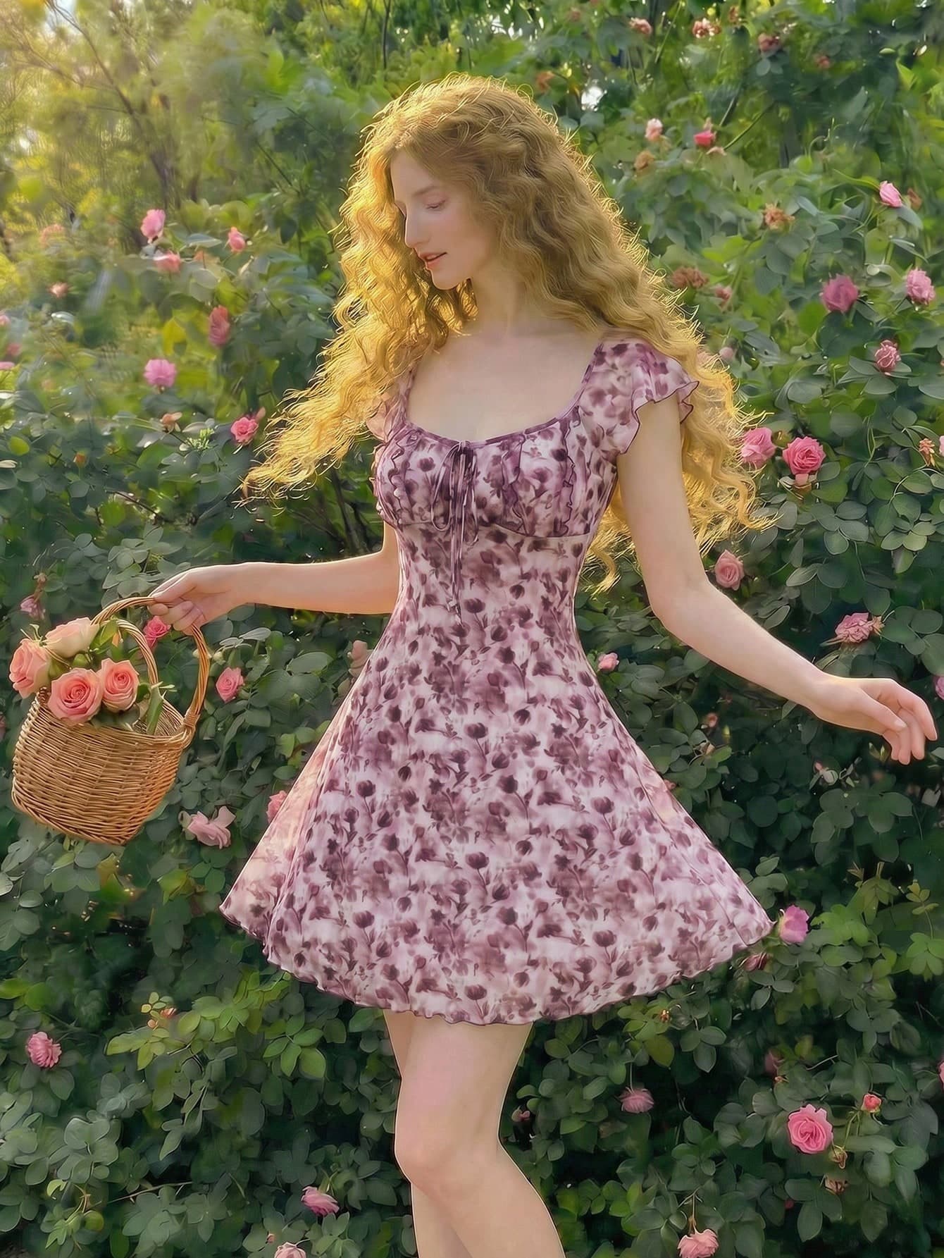 Skyraze Women's Vintage Floral Print Knotted Chest Ruched Round Neckline Sleeveless Dress For Summer,Dresses For Women Summer