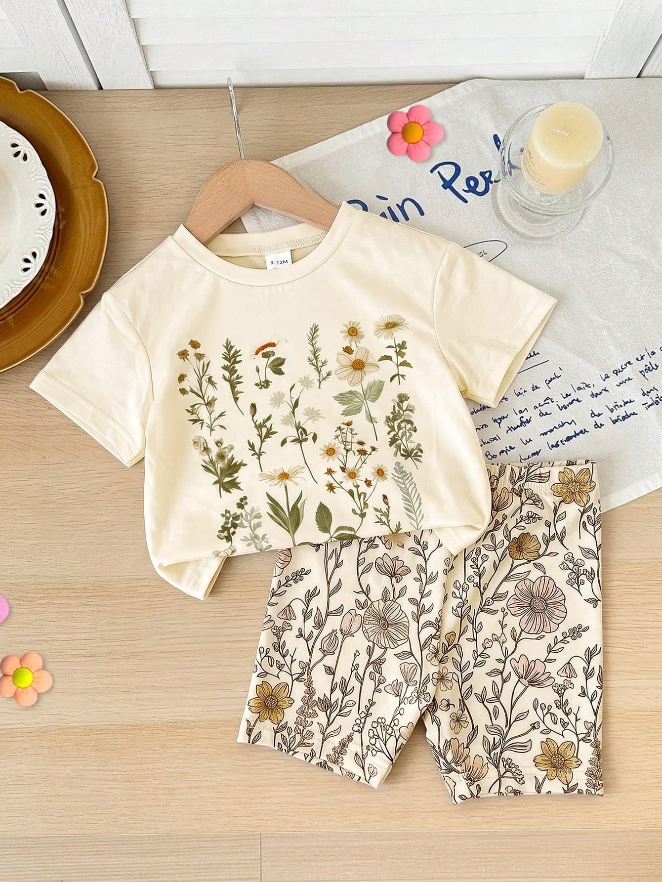 SHEIN Baby Girl Floral Print Short Sleeve T-Shirt And Shorts Casual Outfit