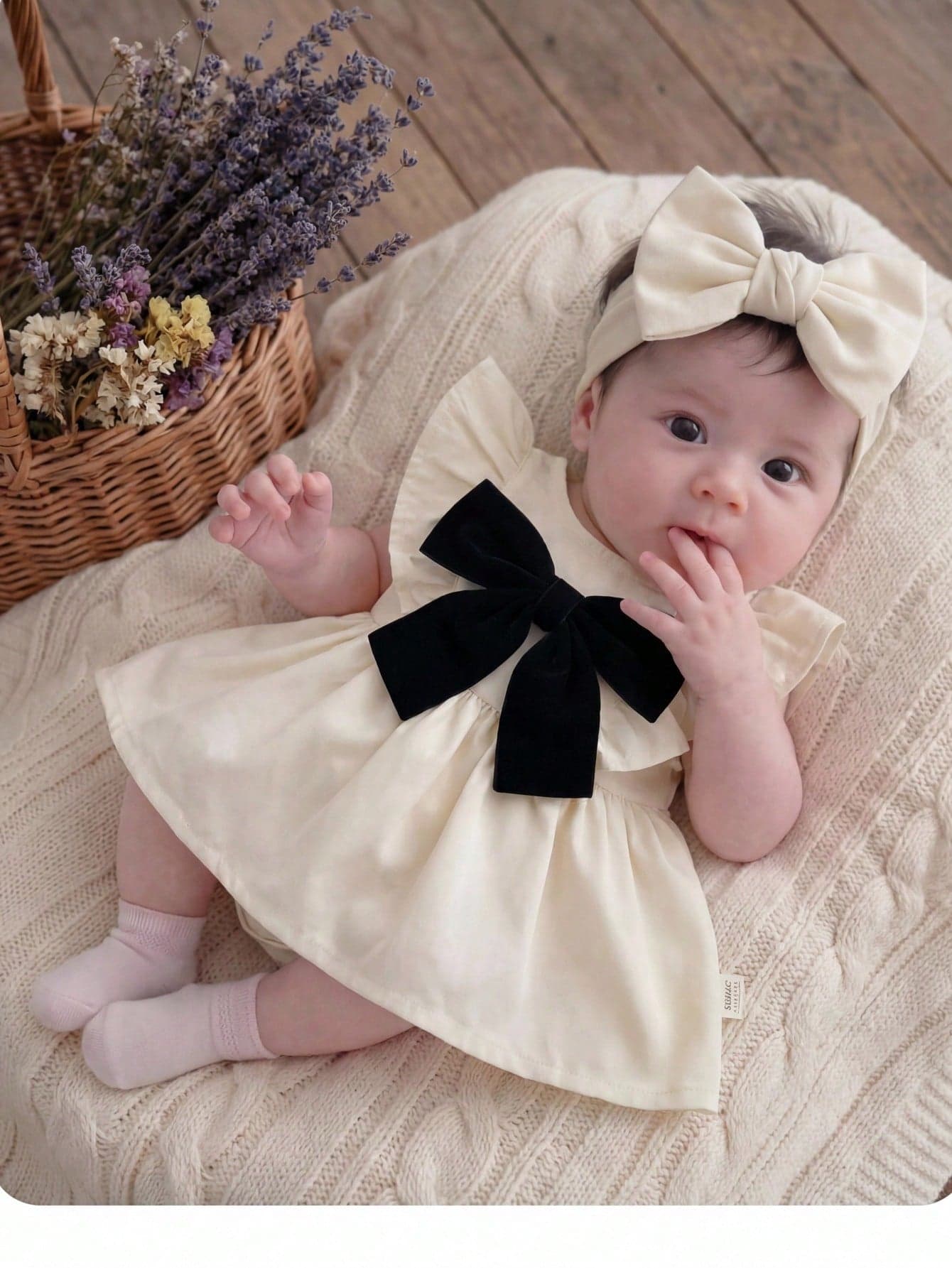 SHEIN Newborn Baby Girl Cute Khaki Bow Ruffle Romper, Summer