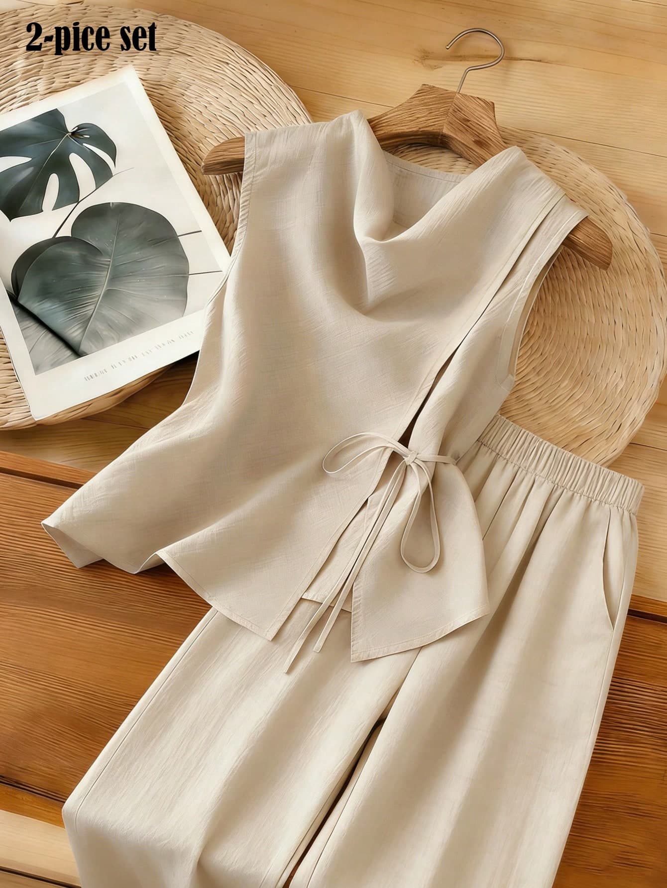 Franclia Women's Elegant Summer Linen Two-Piece Set,Apricot Sleeveless Swing Collar Front Tie Top And Wide-Leg Pants,Holiday Vacation Outfits For Tea Party