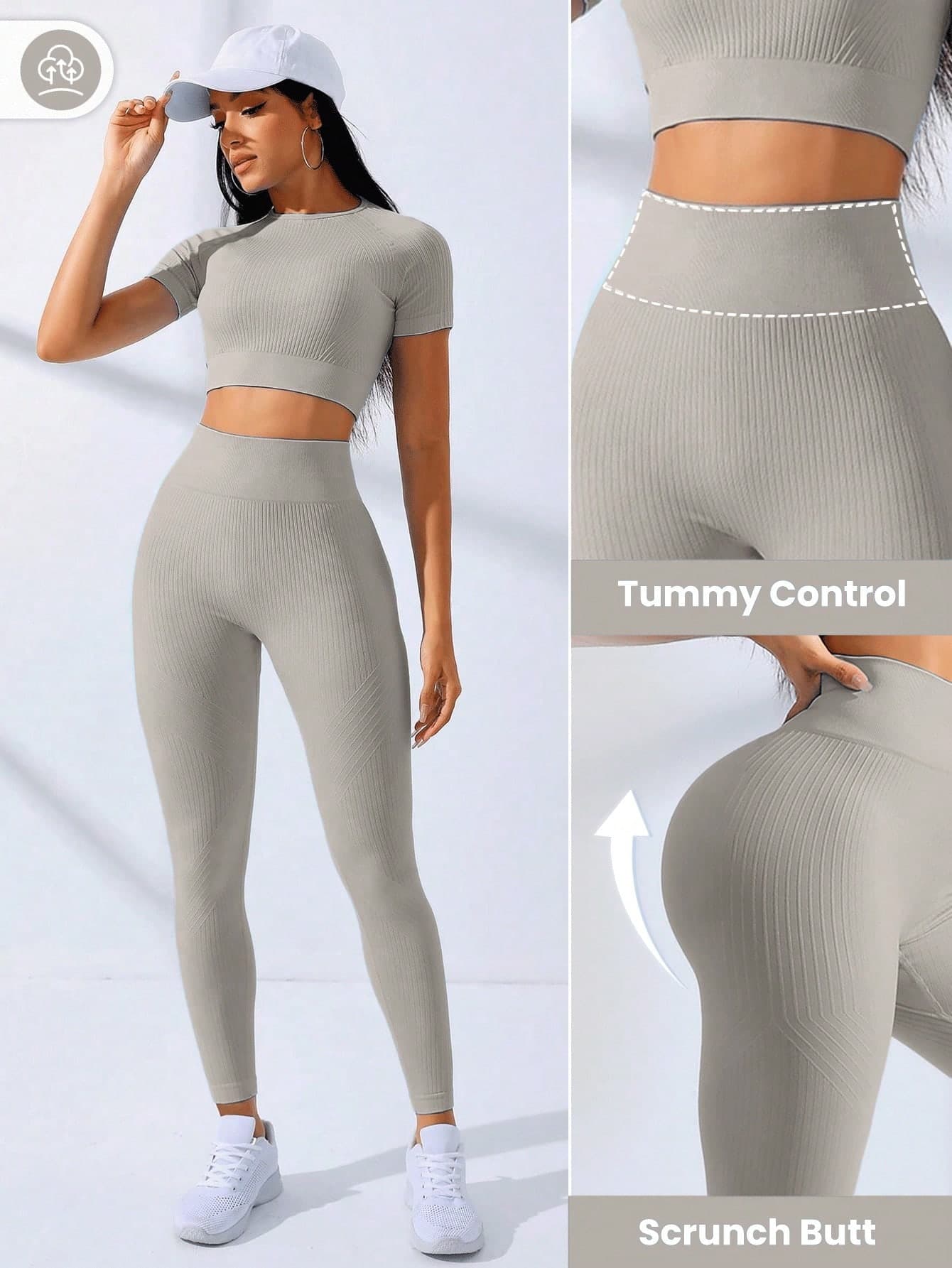 Dewbera Dewbera Women's 2 Pieces Seamless Workout Sets High Elastic Raglan Short Sleeve Cropped T-Shirt & Leggings Gym Sports Suit,Light Grey,Summer,Athleisure,Gym