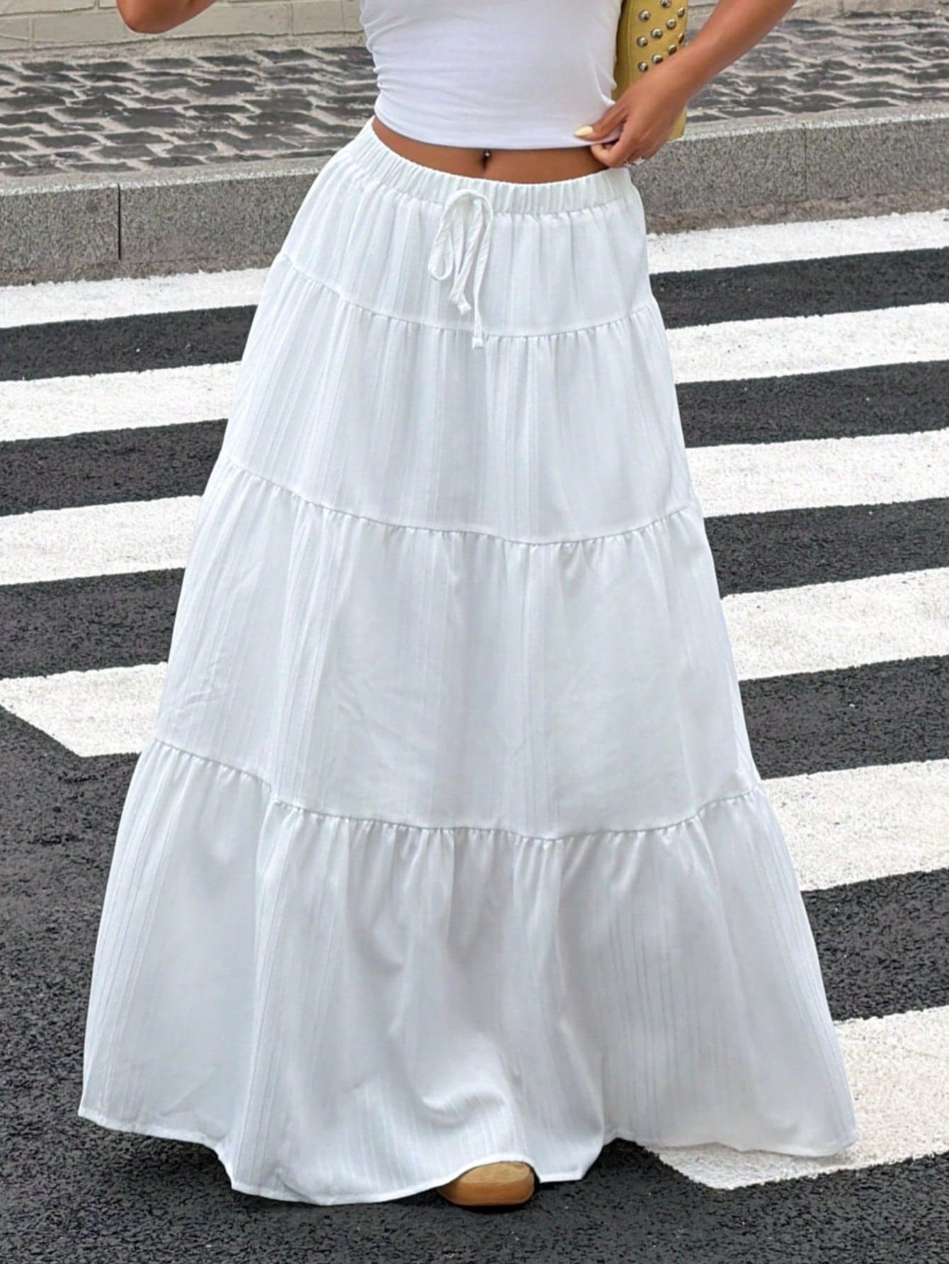 Muchica Women Solid Color High Waist Tie Ruffled Hem Maxi Skirt