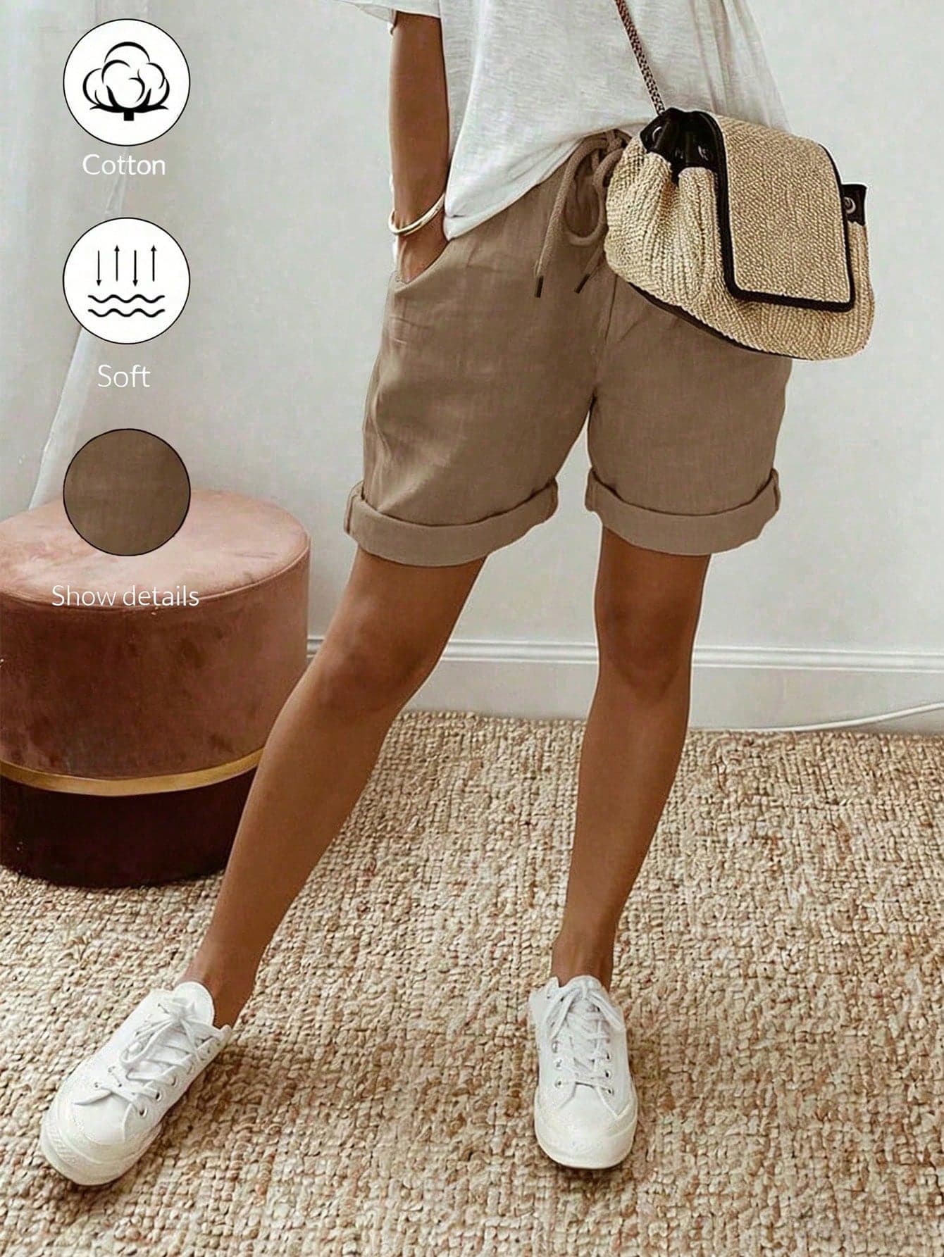 SHEIN Holidaya Women's Summer Vintage Modest Linen Casual Drawstring Rolled Hem Shorts,Elastic Waist Textured Fabric Khaki Loose Trousers For Vacation