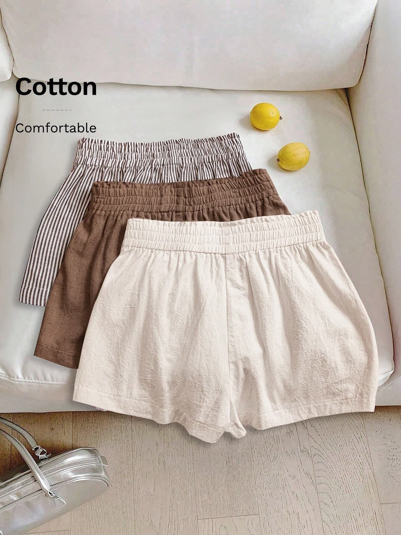 SHEIN LUNE 3 Pairs Women Casual Elastic Waist Shorts Set, White Cotton, Apricot Linen, Black & Striped Comfortable Fabric For Daily Wear, Spring/Summer,Casual