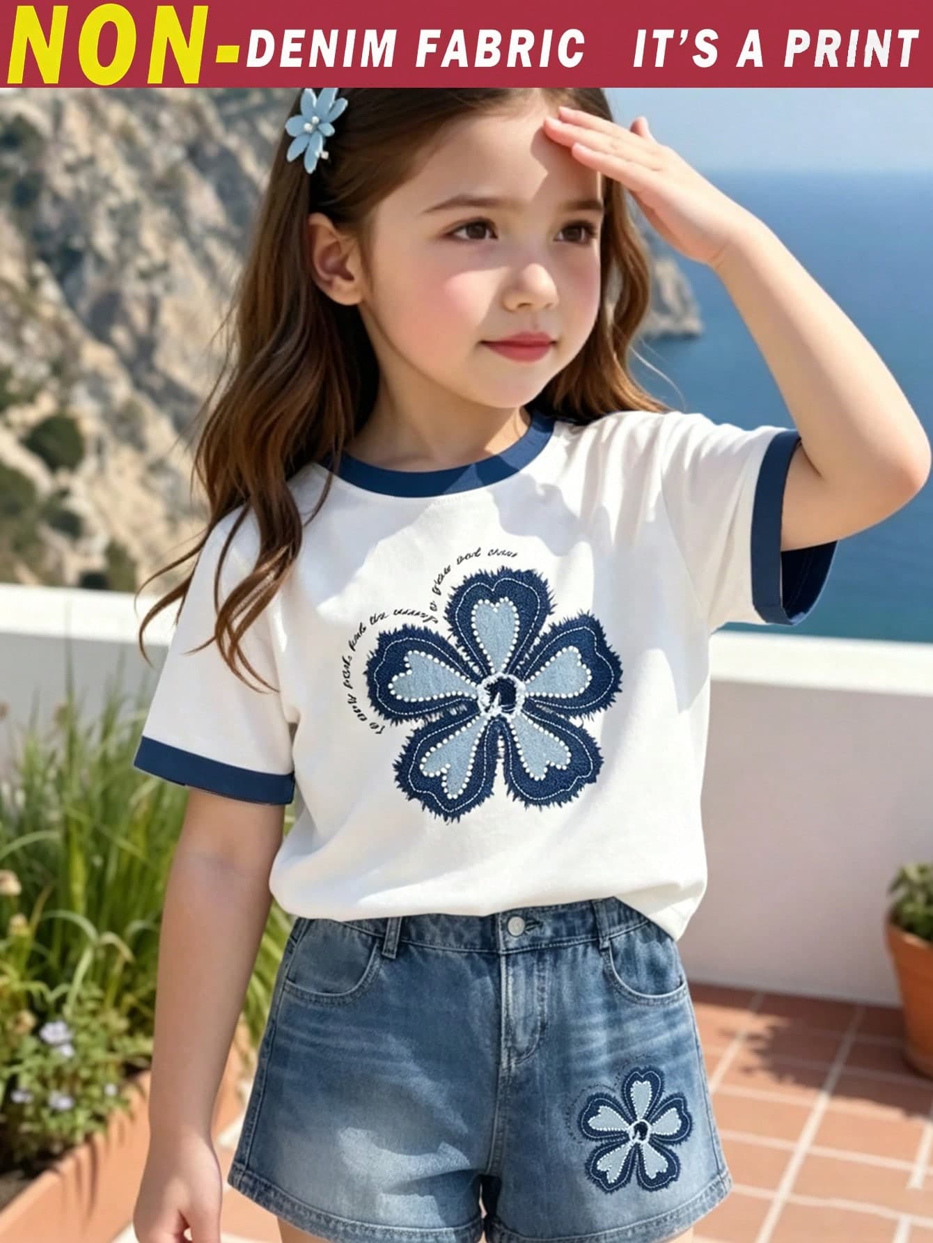 Souflis Souflis [1 Set]4-7 Years Old Girls Summer Blue Floral Print Short-Sleeved T-Shirt+Striped Shorts Set,Matching Holiday Family Vacation Casual Two Pieces Set