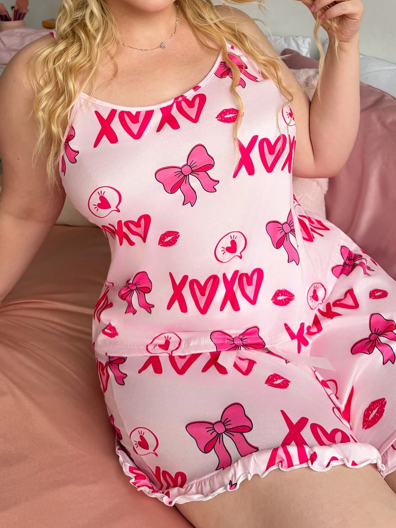 Slumberry CURVE Plus Size Women's Cute Bow Pearl Print Y2K Camisole Shorts Pajama Set Lounge Pink Summer