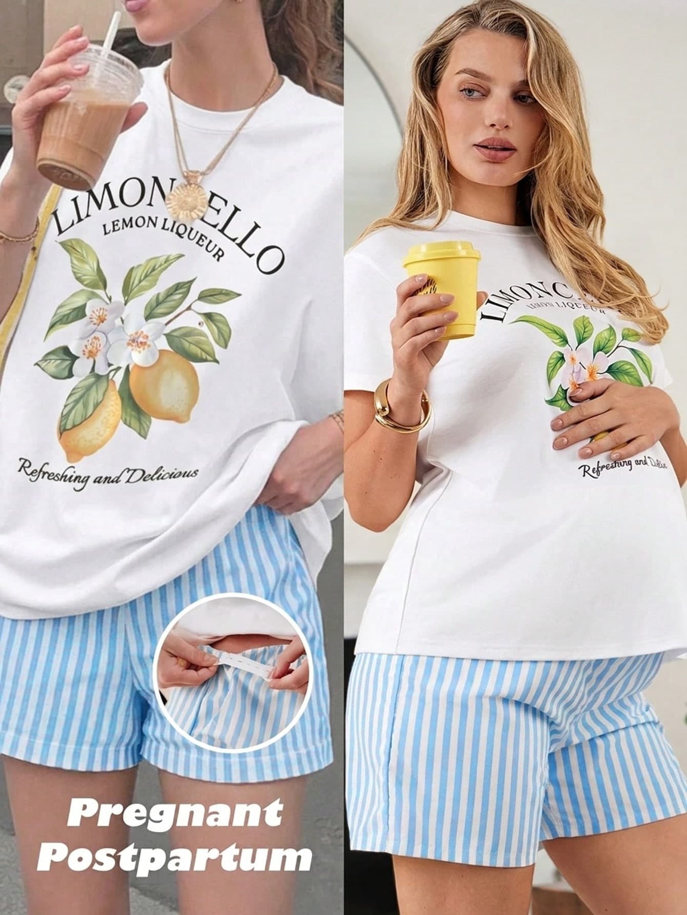 SHEIN 2pcs/Set Maternity Letter & Lemon Print T-Shirt And Striped Shorts