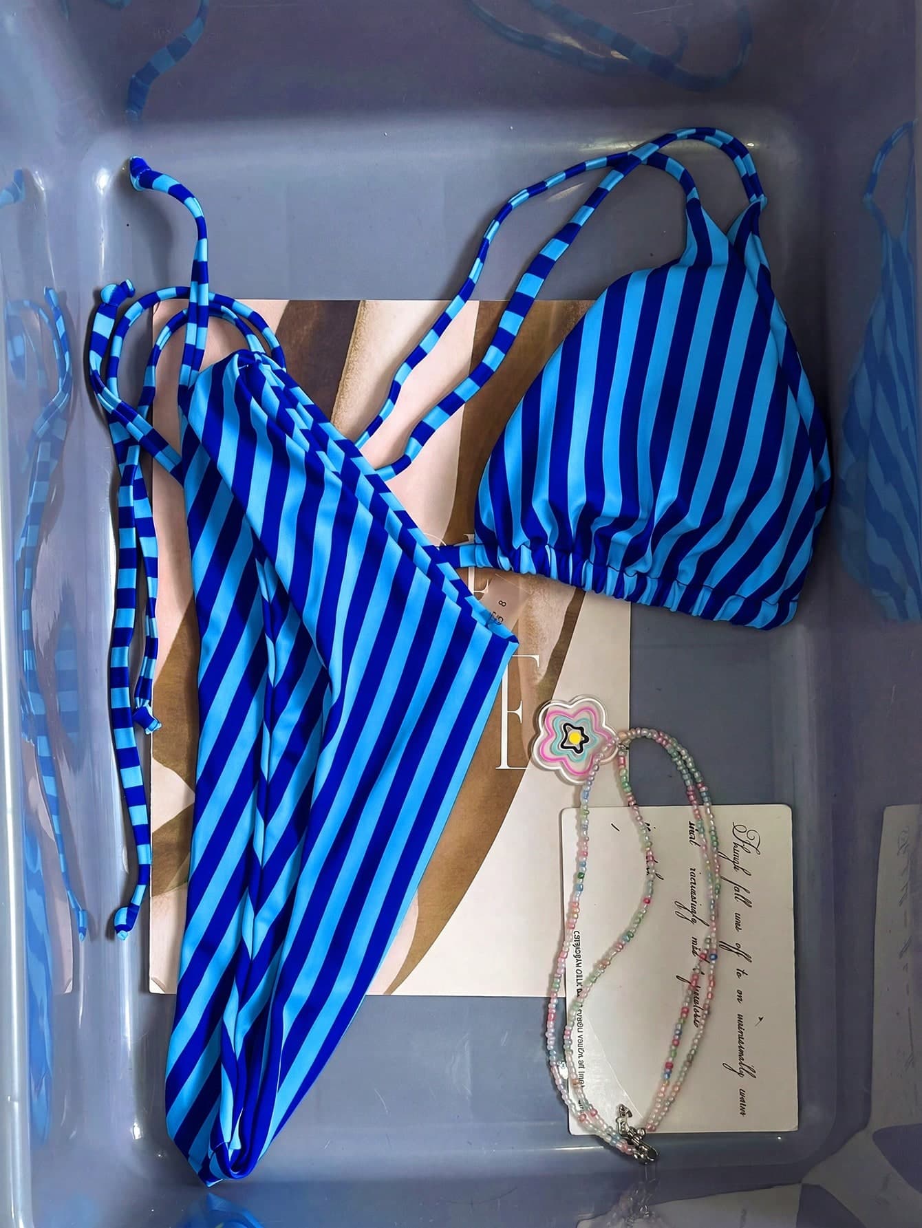 Swim Mod Women's Tropical Cute Striped Print Halter Tie Bikini Two Pieces Bikini Set Set, Casual Beach Party