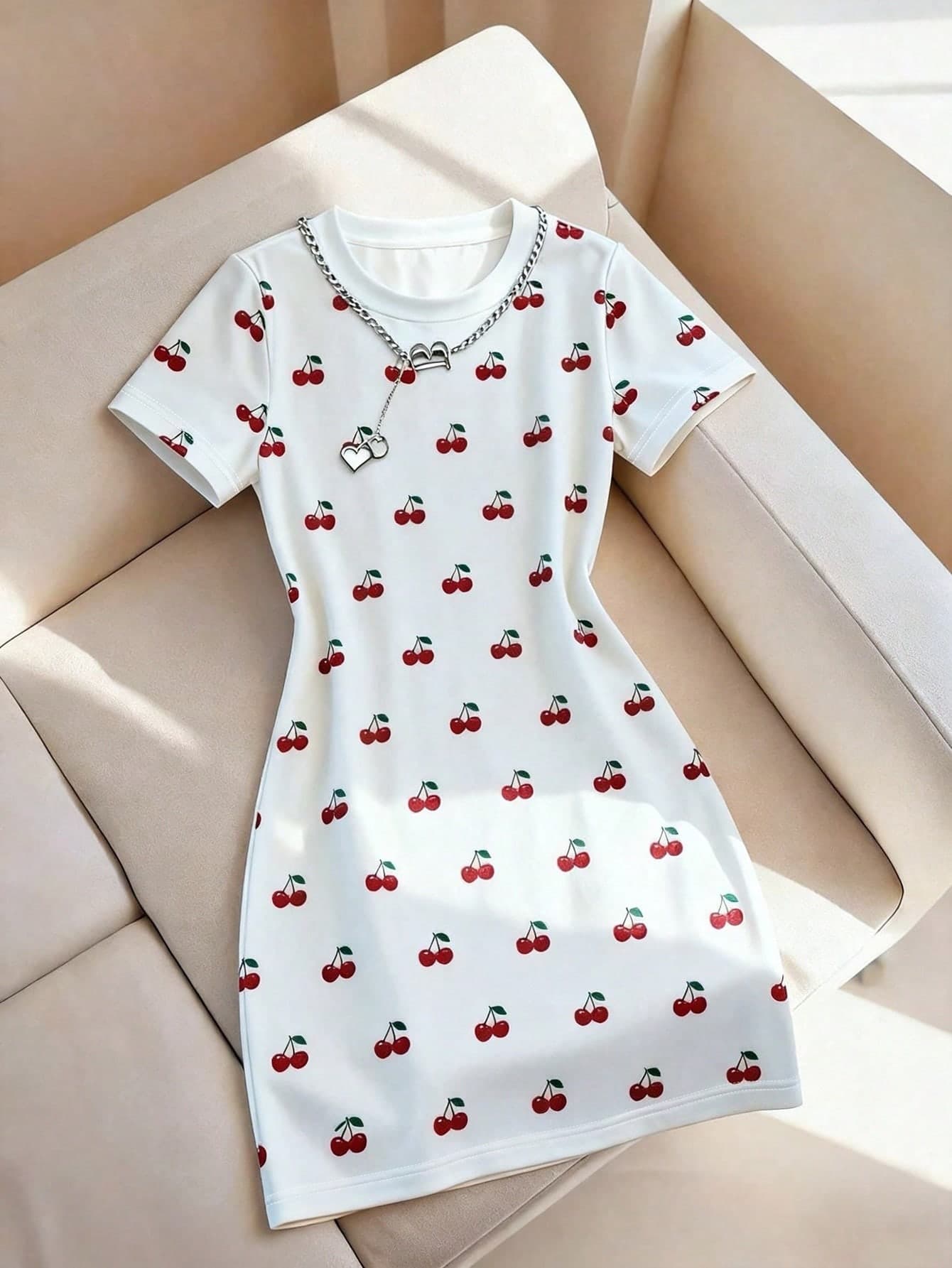 Franclia Women's Casual Cherry Print Mini Dress For Summer