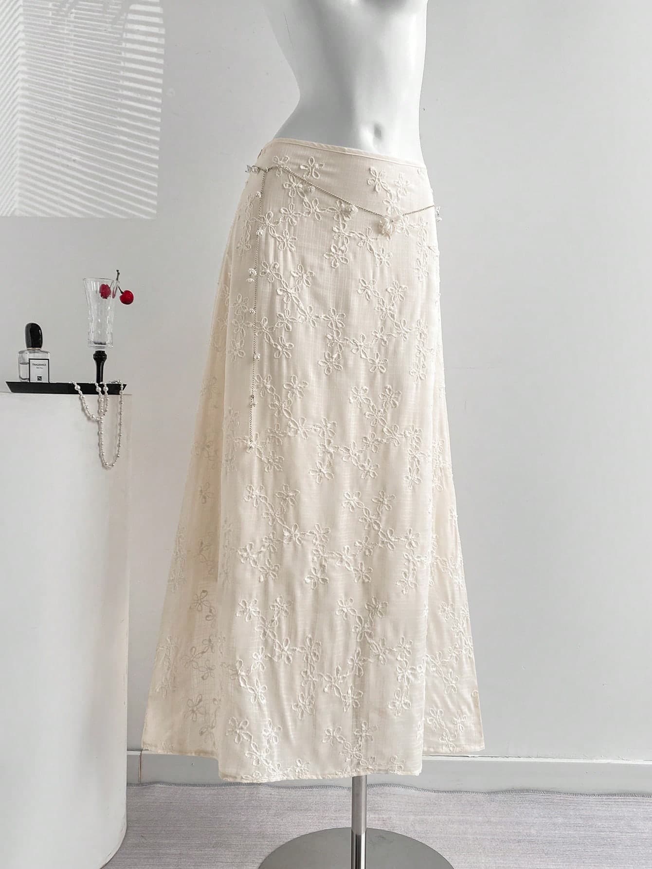 Elamini French Countryside Retro Low-Waist Apricot A-Line Long Skirt,Embroidered Fabric,Gentle Fresh White Flower Summer Casual Party Street Date Vacation