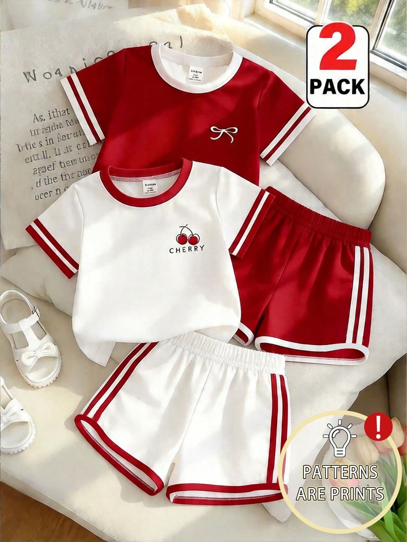 Souflis Souflis 2pcs/Set Cherry & Bow Print Top And Shorts Set, Comfortable Summer Style Cute White Red Casual Daily Wear Fashionable Outfit For Young Girls