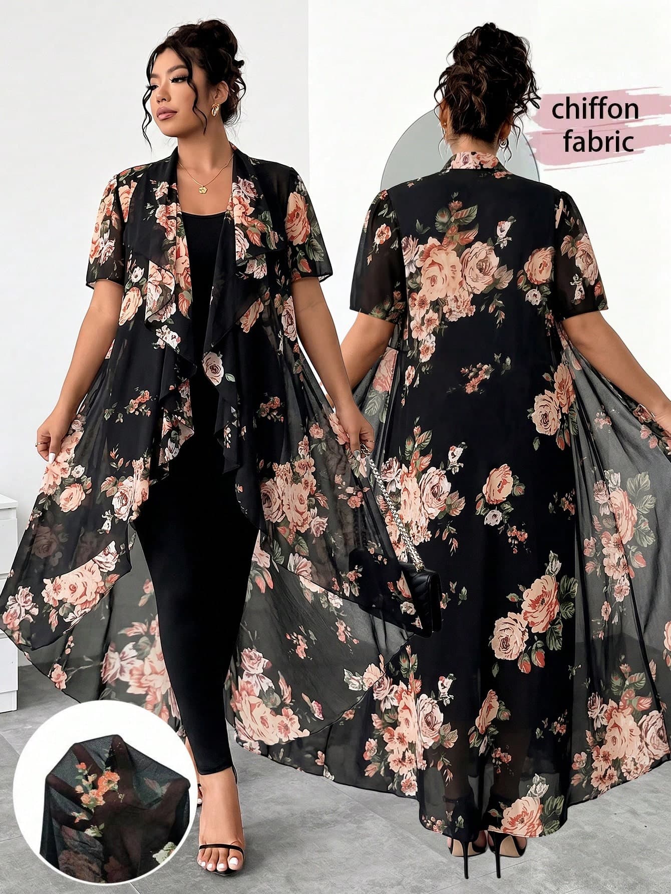 Elenzga Plus Size Floral Print Ruffle Hem Elegant Short Sleeve Jacket Fall