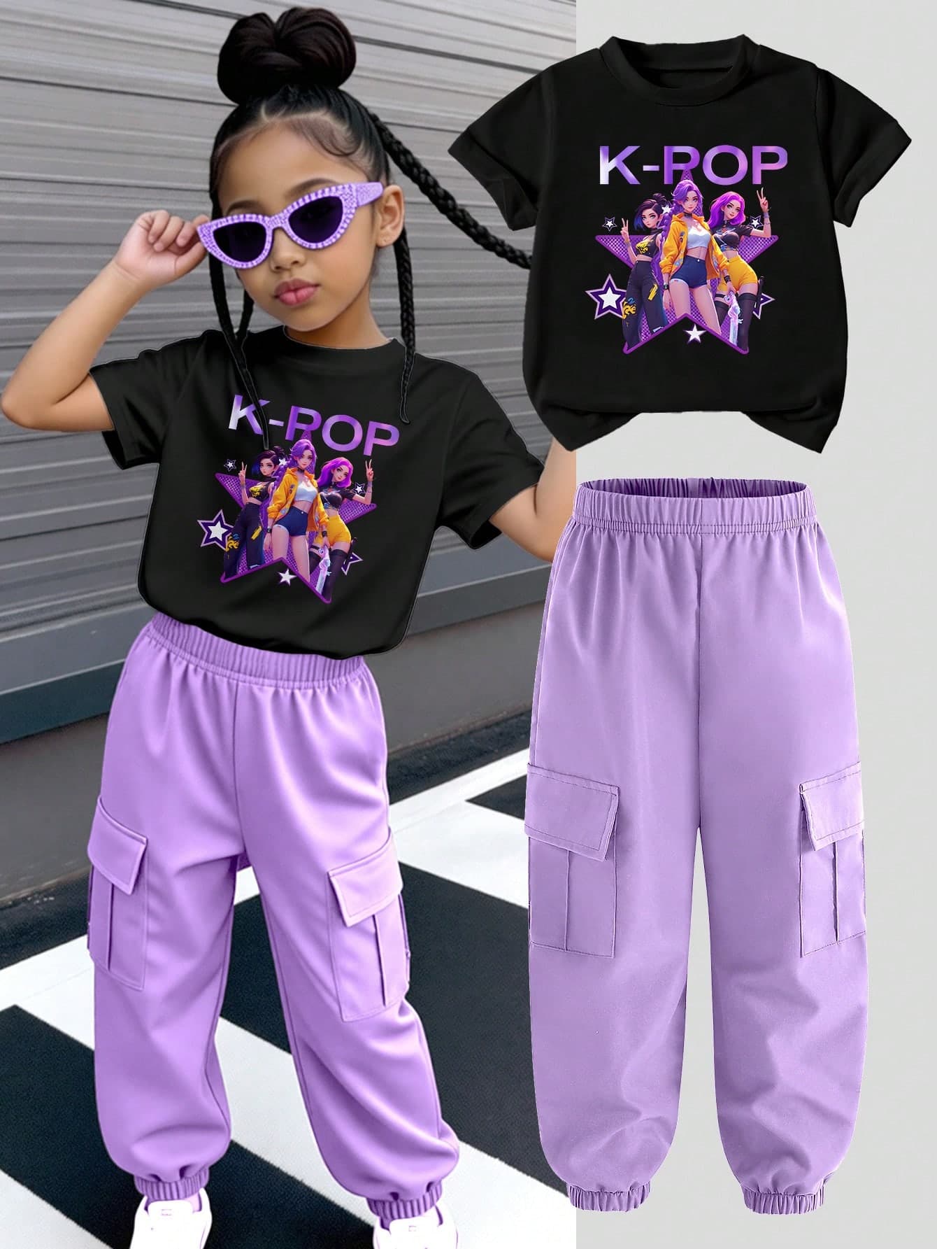 2pcs/Set Girl Group Star Idol Print Short Sleeve Top And Jogger Pants Set, Casual Fashionable For Girls, Suitable For Spring, Summer, Autumn, Winter