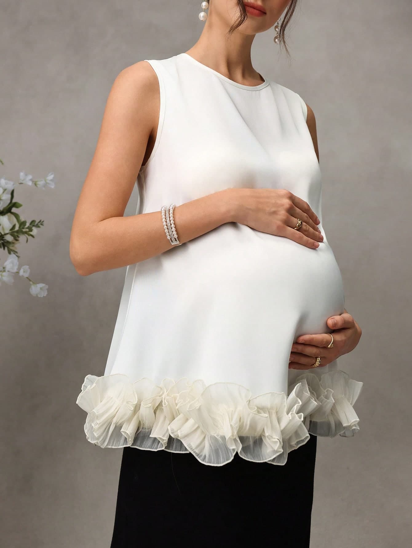 Momance White Summer Elegant Baby Shower Maternity Camisole,Satin Smooth Skin-Friendly Pregnant Blouse,Round Neck 3D Ruffle Hem Loose Fit Sleeveless Top