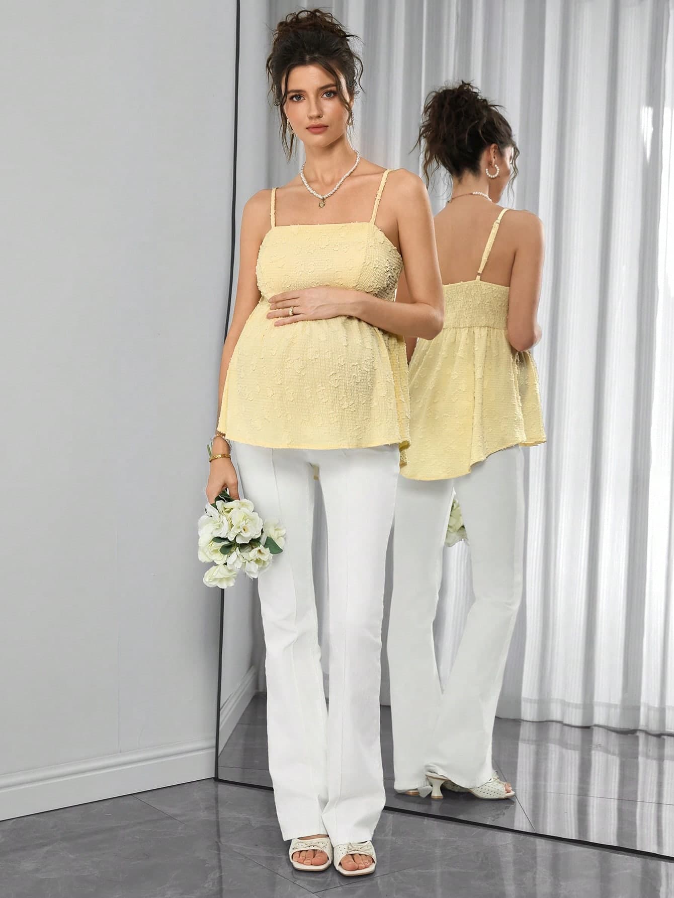 SHEIN Maternity Jacquard Pleated Camisole Top,Light Blue Summer Elegant Baby Shower Clothes For Pregnant Women,Everyday Casual Spring Sleeveless Linen Tops
