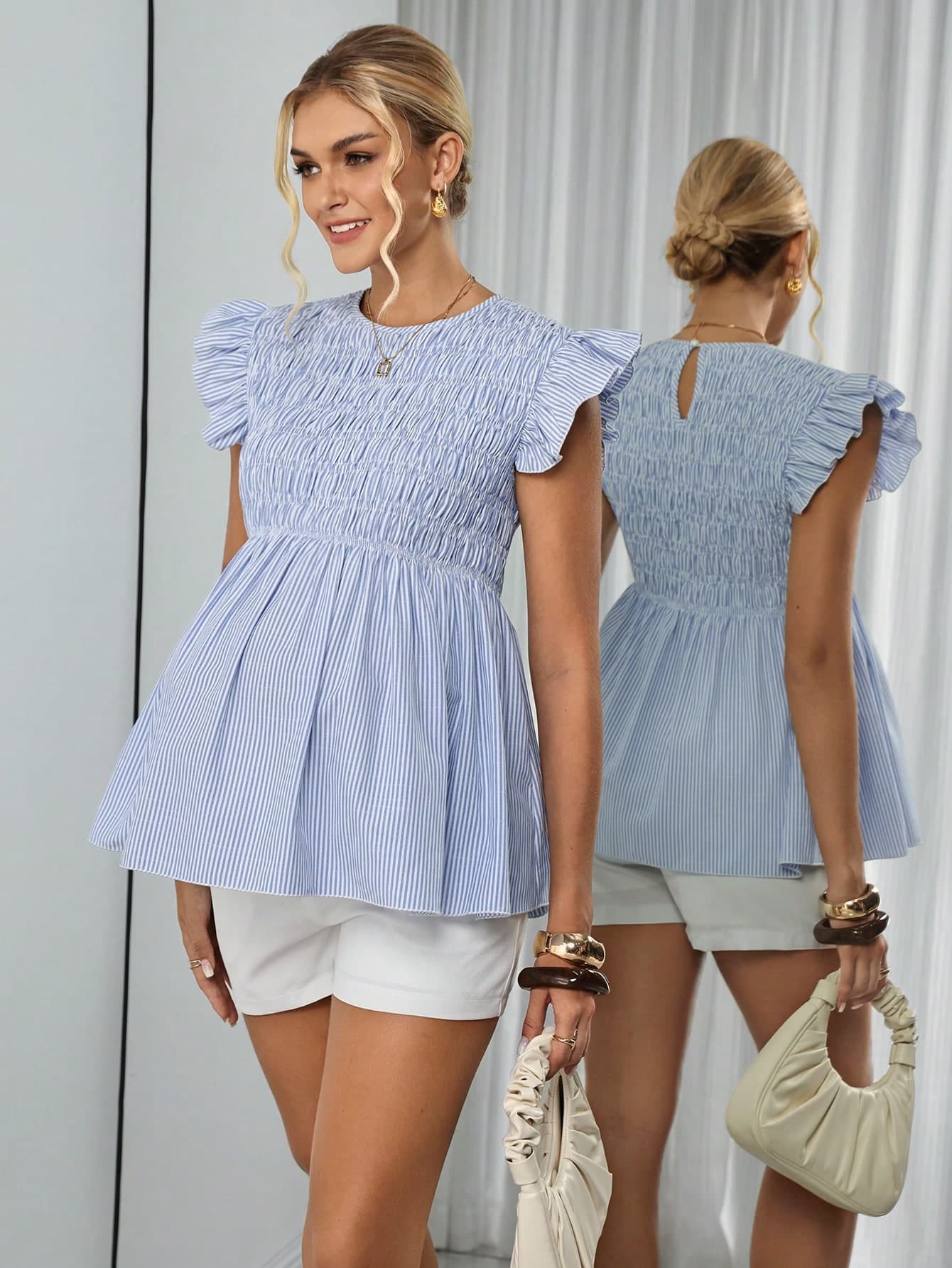 Momance Striped Round Neck Cap Sleeve Maternity Top,Baby Blue Summer Fairy Babyshower Cotton Babydoll Tops Business Casual Women Blouse Mother Blouses