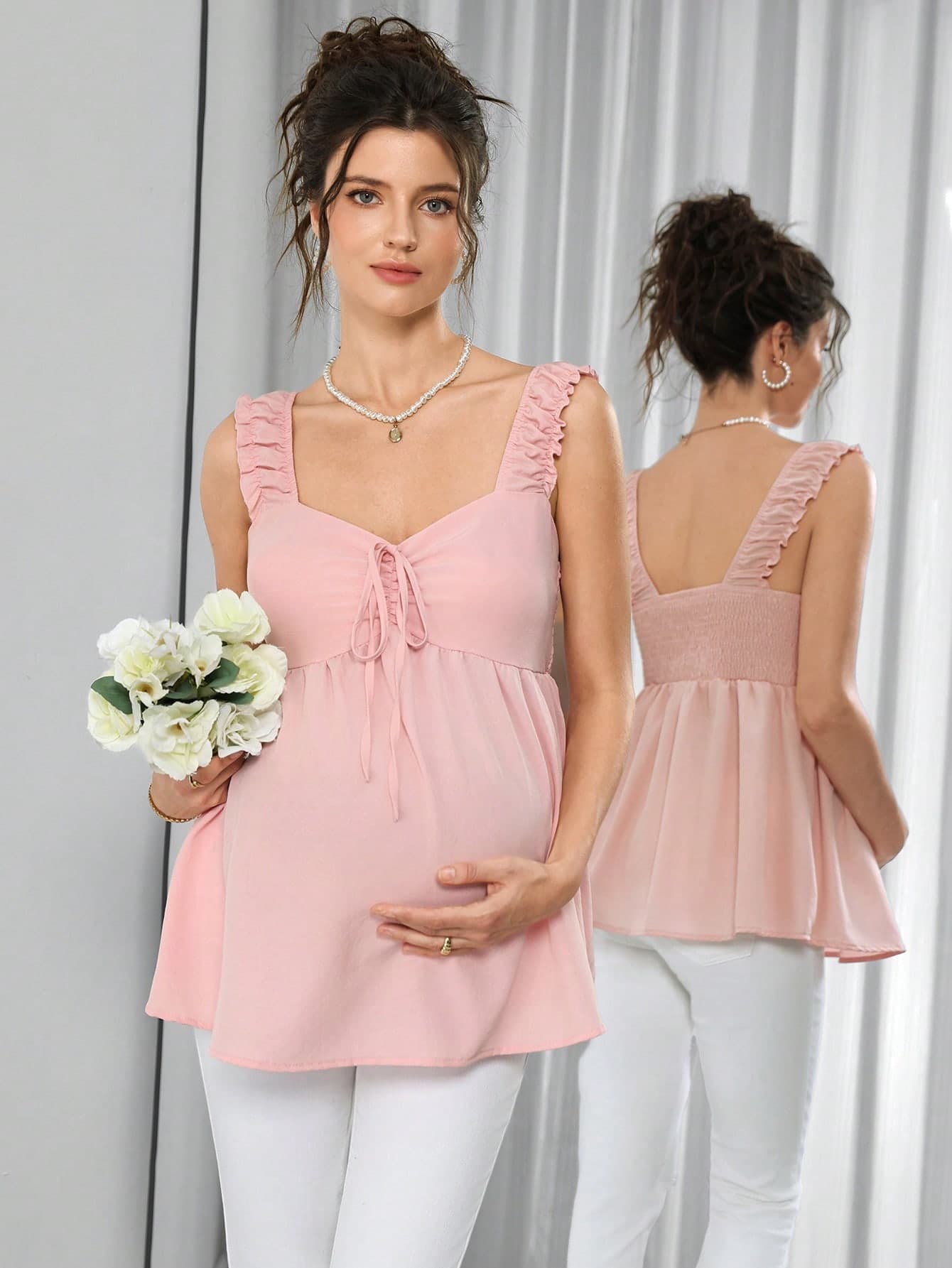 SHEIN Maternity Minimalist Soft Pleated Tie Casual Tank Top, Pink Summer Elegant Baby Shower Pregnant Women Blouse Clothes Sets Photoshoot