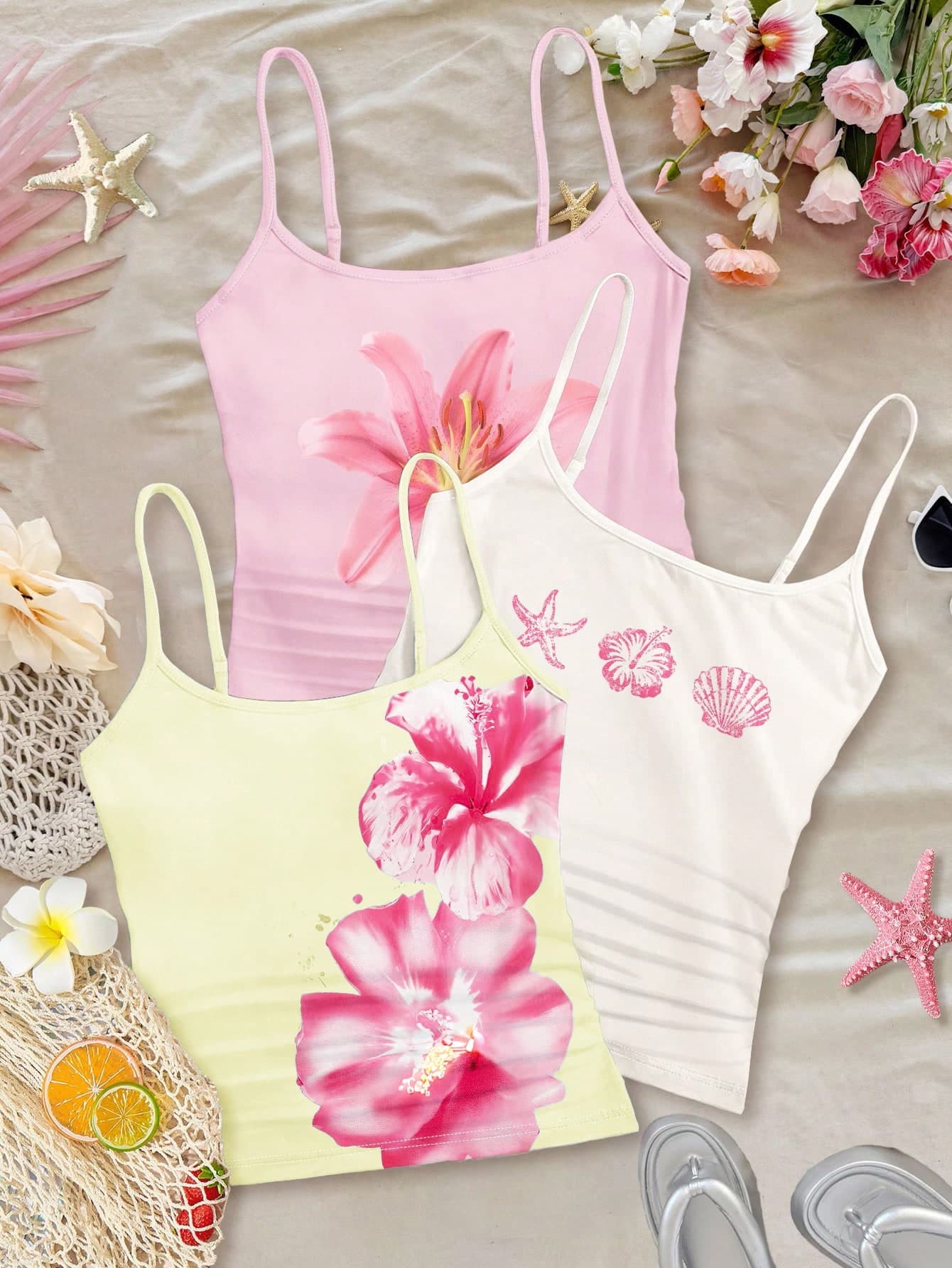 SHEIN Leap Crew 3 PiecesTween Girls Slim Fit Casual Sports Camisole Tank Top Sets Summer Tops Floral Cute Tween Beach For Tweens Flower
