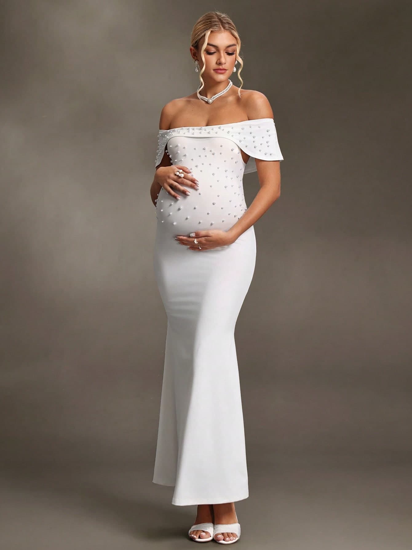 Cheriluna Maternity Elegant White Summer Maternity Dress,Off-Shoulder Faux Pearl Decor Photoshoot Gown For Pregnant Women,Baby Shower & Formal Event Dress