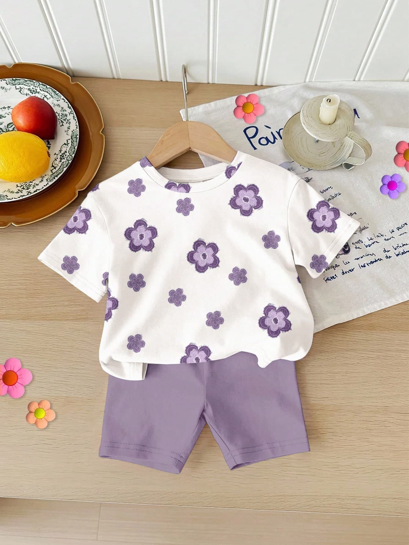Baby Girl Lavender&White,Summer Casual Vacation 2 Pieces Set,Vintage School Girl Floral Short Sleeve T-Shirt And Tight Fit Cycling Shorts Outfits