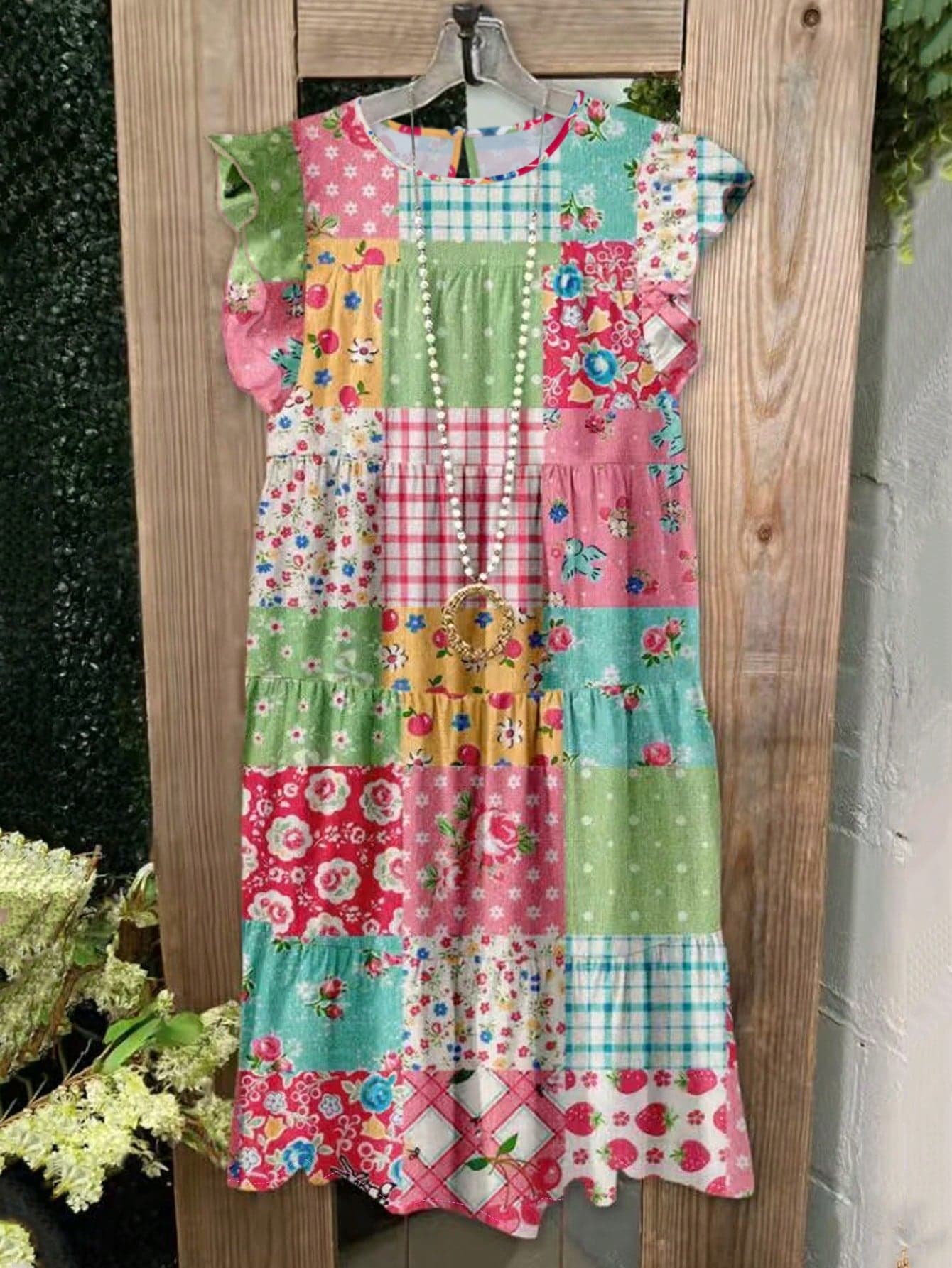 EMERY ROSE Women's Plus-Size Boho Pink Summer Dress,Retro Floral Print Patchwork Plaid Casual Loose Holiday Vacation Dress With Ruffled Puffed Sleeves&Pleats