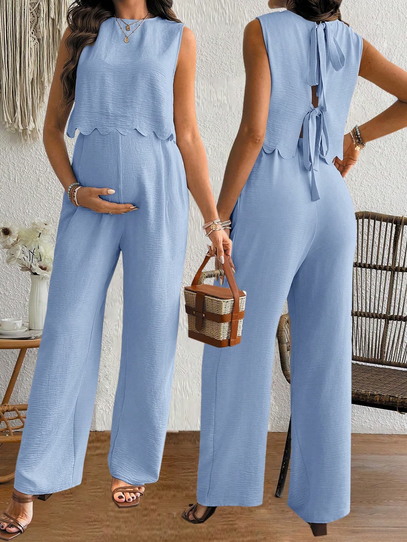 SHEIN French Style Women's Casual Linen 2-Piece Set,Elegant Baby Blue Sleeveless Tie-Back Maternity Outfit,Summer Pregnant Clothes For Beach Vacation Dress