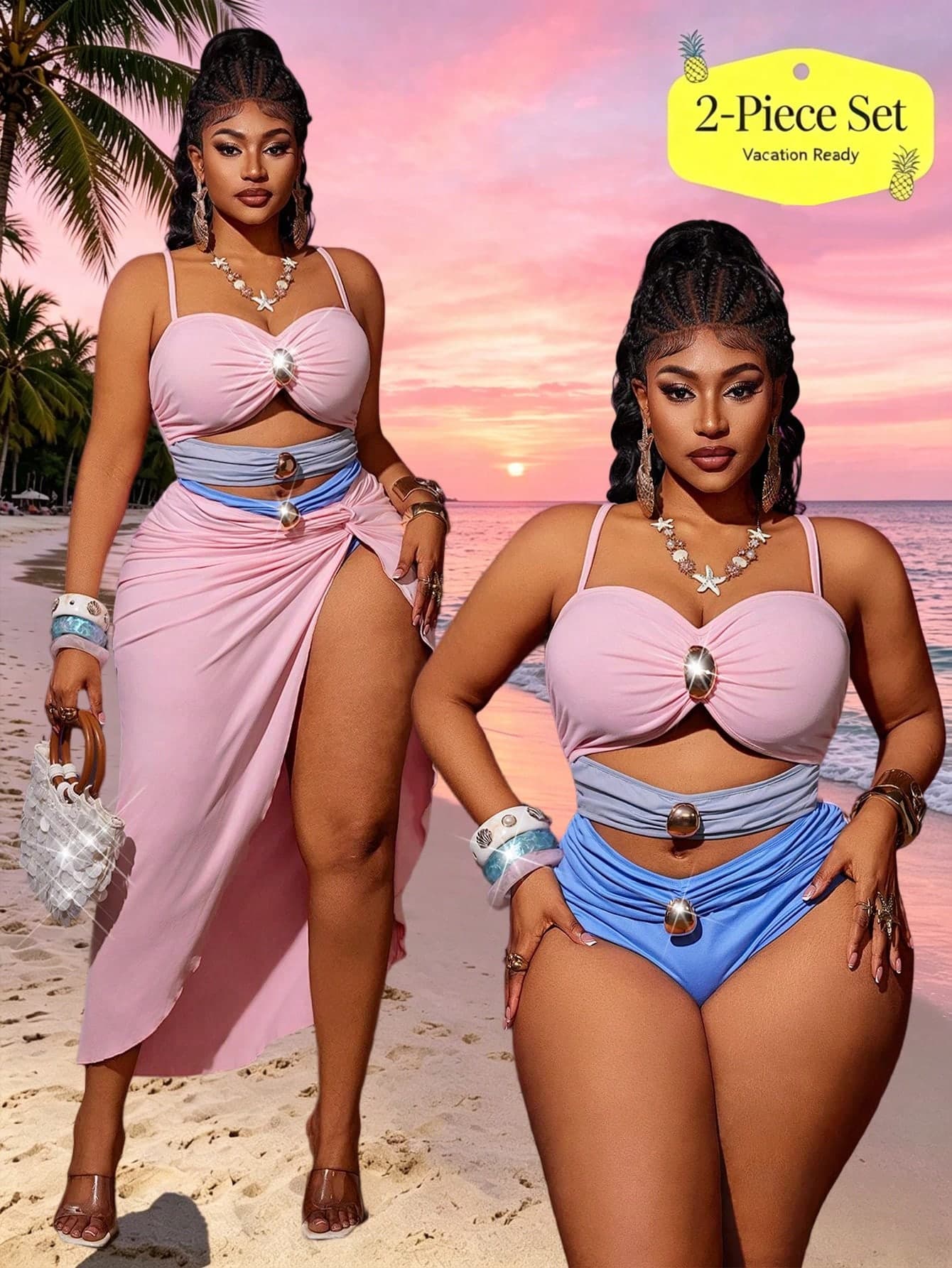 Maweii Plus Size Women 2-Piece Set Pink Dusty Pink Summer Beach Vacation Strap Jumpsuit High Slit Midi Skirt 3-Color Patchwork Metal Buckle Brooch Decor Sexy