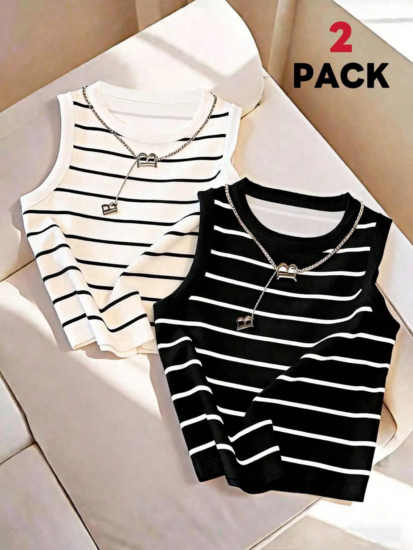 Resyla 2pcs Women's Black And White Striped Camisole Set