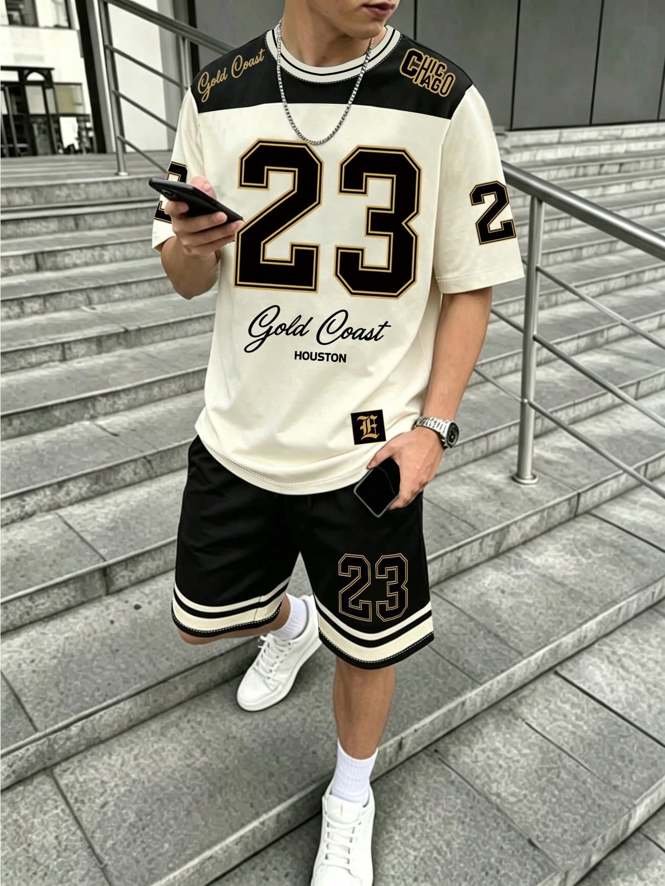 SHEIN 2pcs/Set Teenage Boys Casual Graphic Streetwear T-Shirt And Shorts Set,White Numeric English Graphic Print,Summer,Back-To-School,Sports City Break