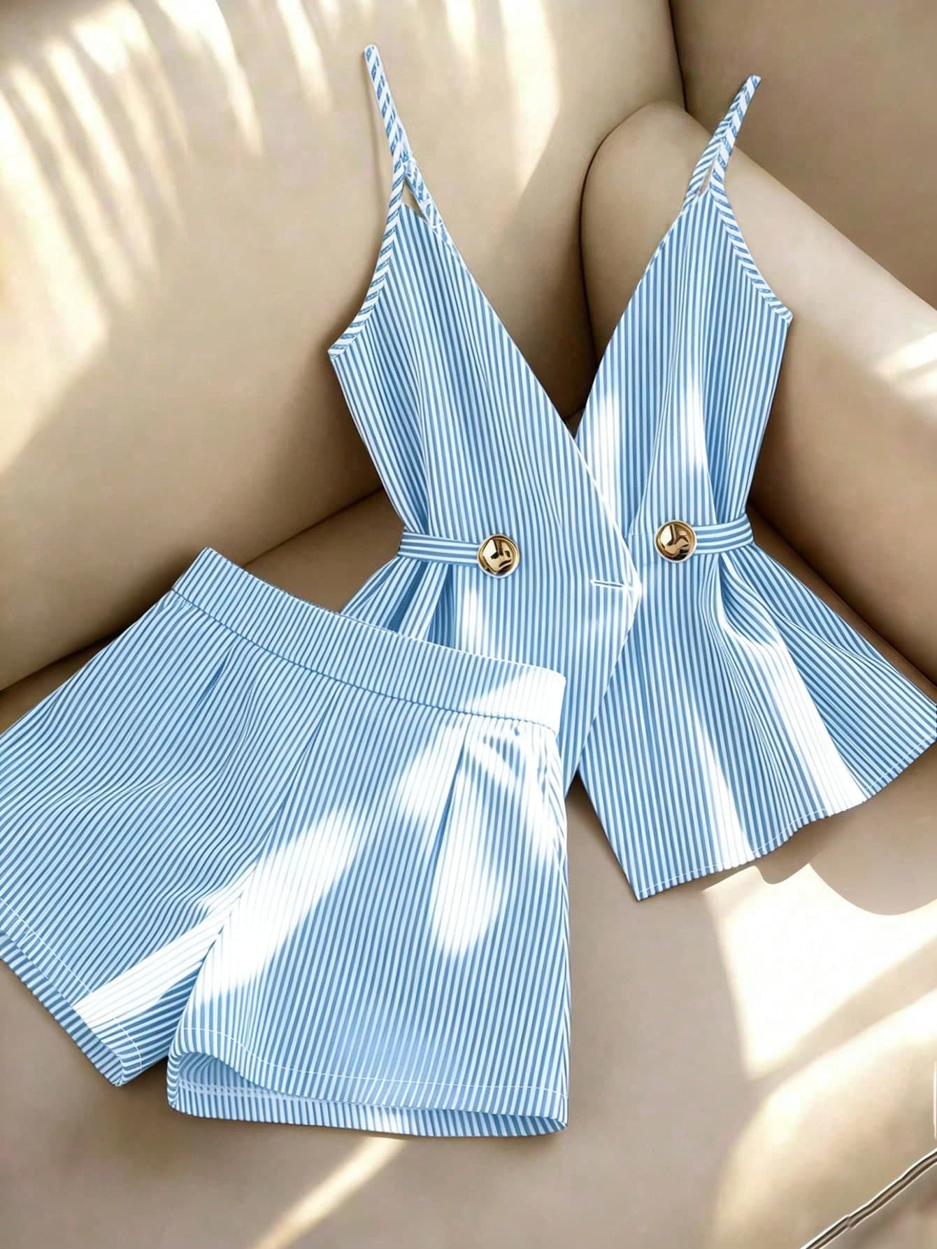 Franclia Women's Elegant Blue And White Stripe 2-Piece Set,Summer Sleeveless Camisole & Wide Leg Pants Casual Outfit,Holiday Vacation Spring Daily Wear Outfit