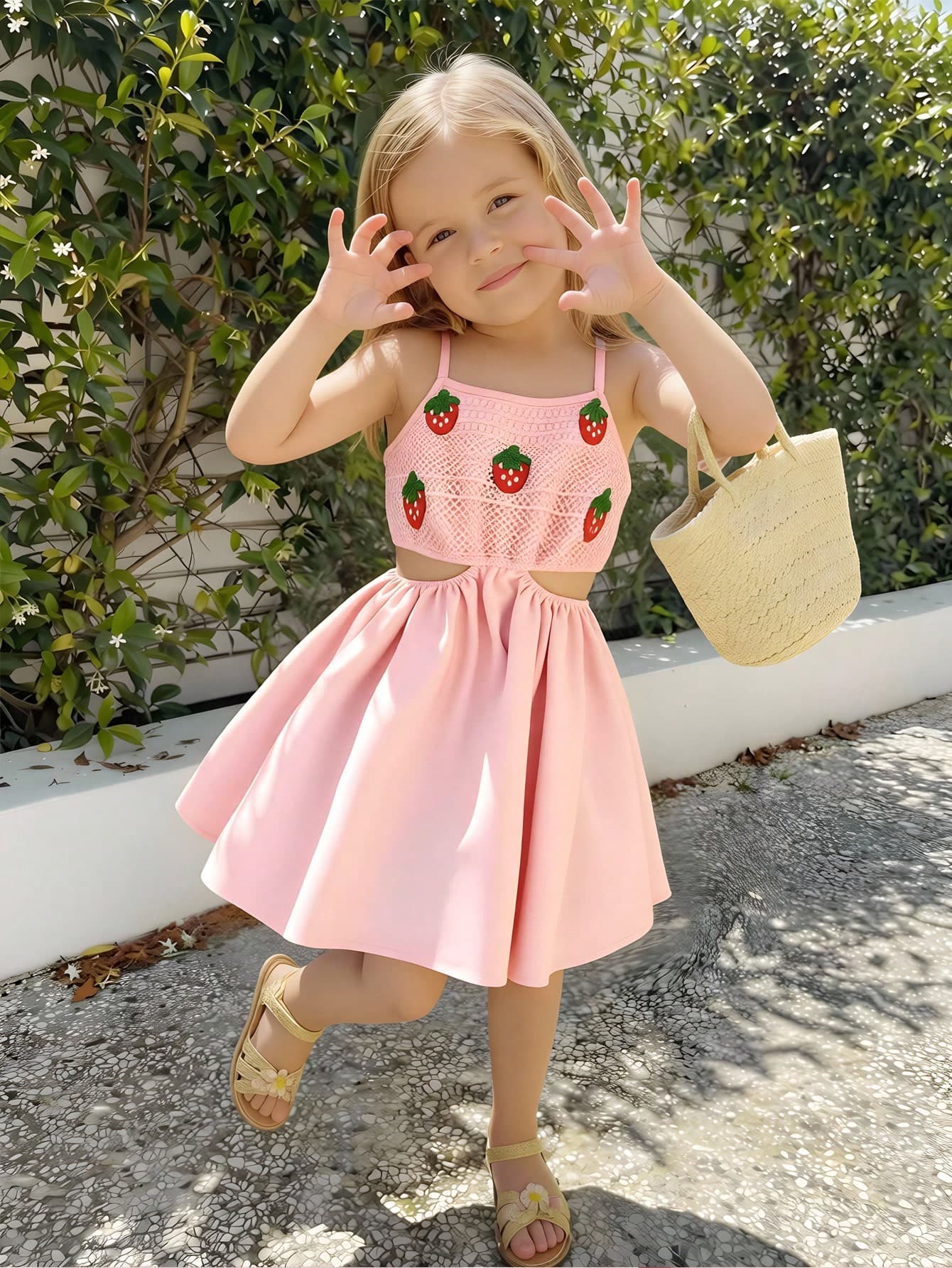 Vintaside Kids Young Girls' Vintage Countryside Style Cute 3D Strawberry Cutout Waist Design Camisole Dress, Suitable For Daily Wear And Vacation