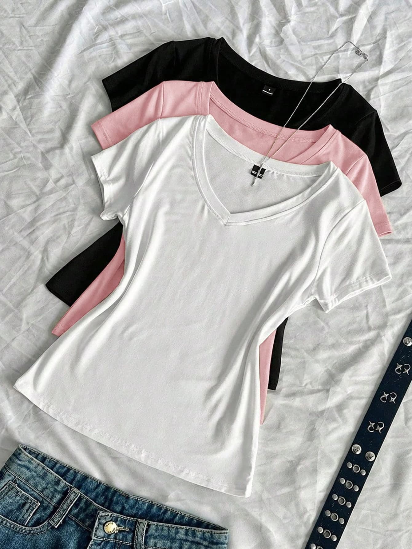 SHEIN EZwear 3pcs Women's Summer V-Neck Tight T-Shirts, Punk Subculture Anime Solid Color Basic V-Neck Short Sleeve Slim Fit T-Shirts,Summer Top