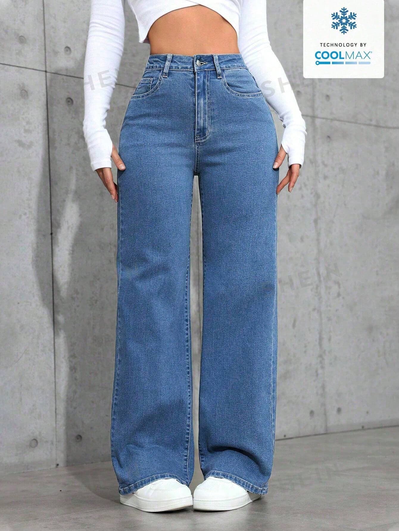SHEIN ICON Solid Color Slant Pocket Casual Straight-Leg Jeans Everyday Aqua Blue Summer