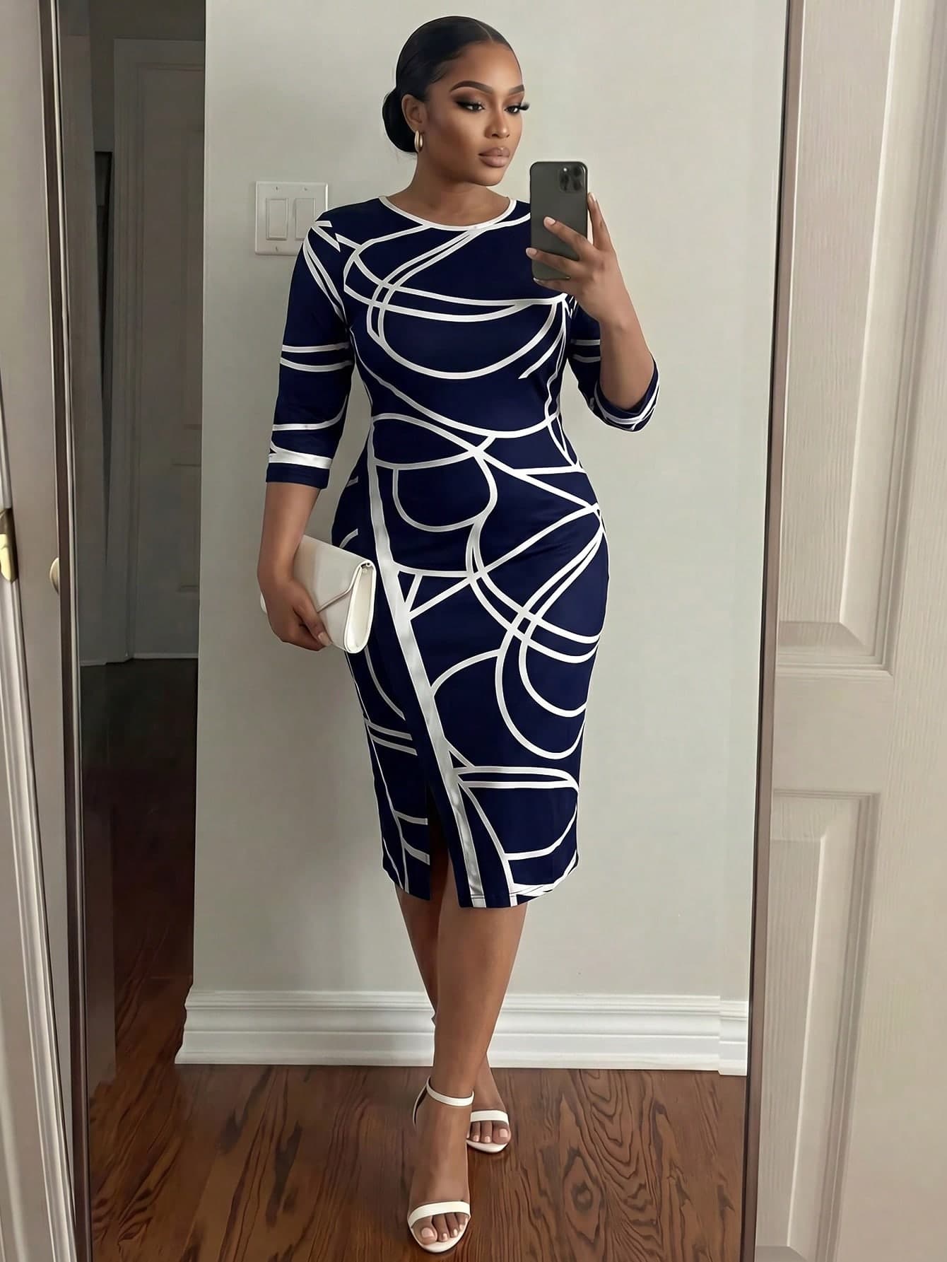 SHEIN Lady CURVE Stylish Plus Size Navy Blue Midi Dress For Women Round Neck Geometric Print Bodycon Perfect For Work Fall