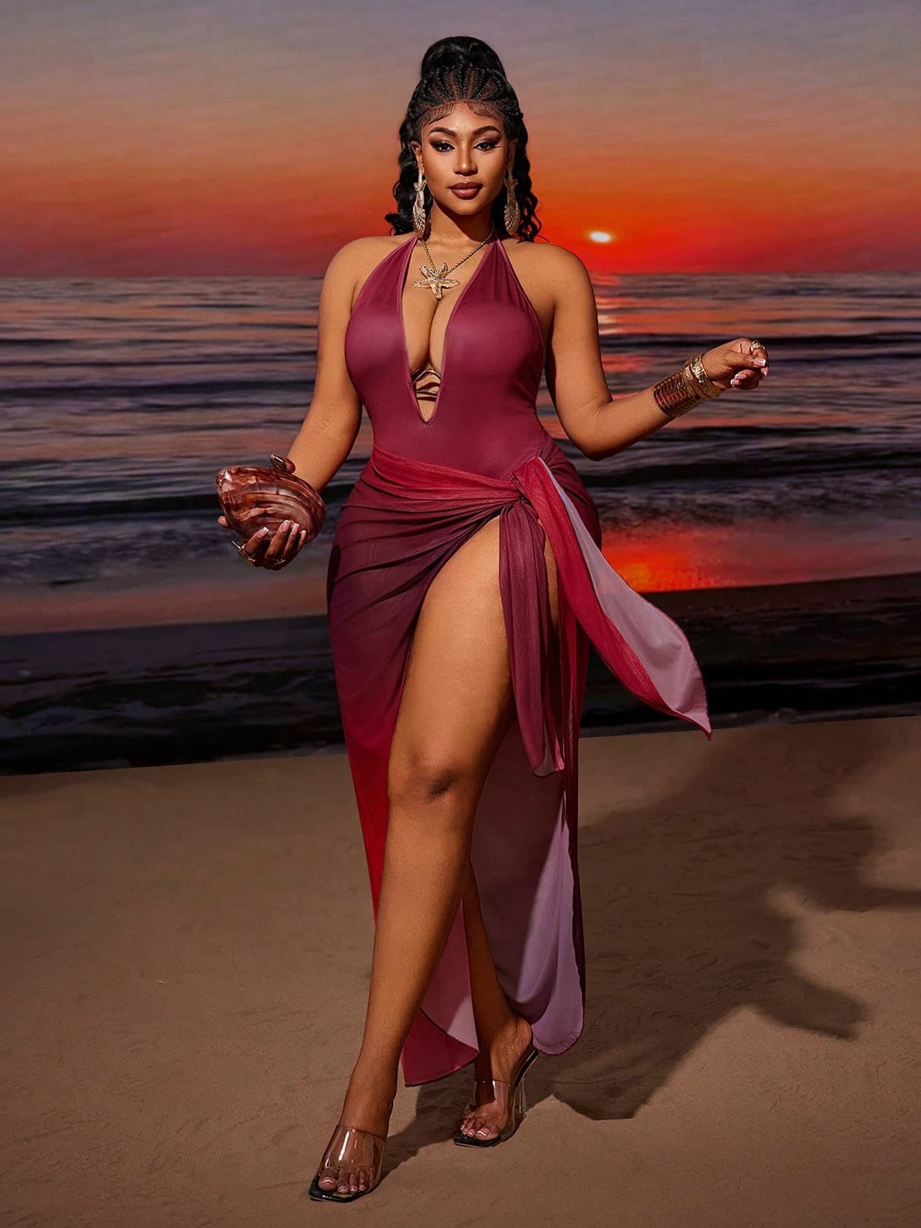 Maweii Plus Size Women's 2-Piece Burgundy Mesh Outfit, Jumpsuit Top And Beach Skirt, Suitable For Vacation Summer Sexy