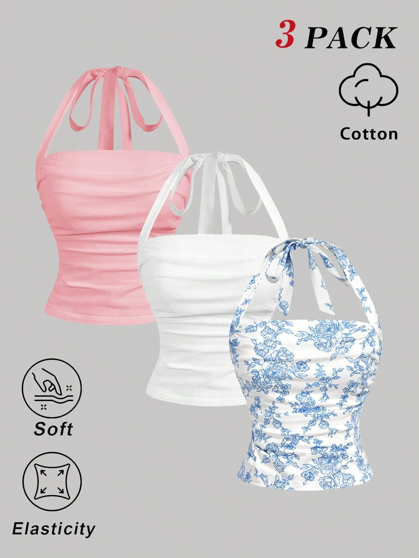 SHEIN MOD 3pcs/Set Women's Blue & White Printed Camisole,Summer Top